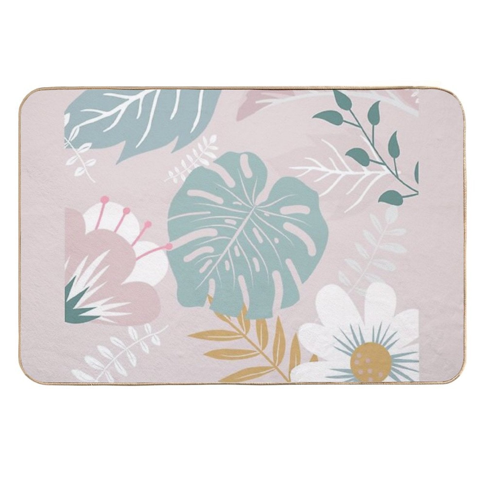Green And Beige Monstera And Flowers Art  Odorless Bath Mat
