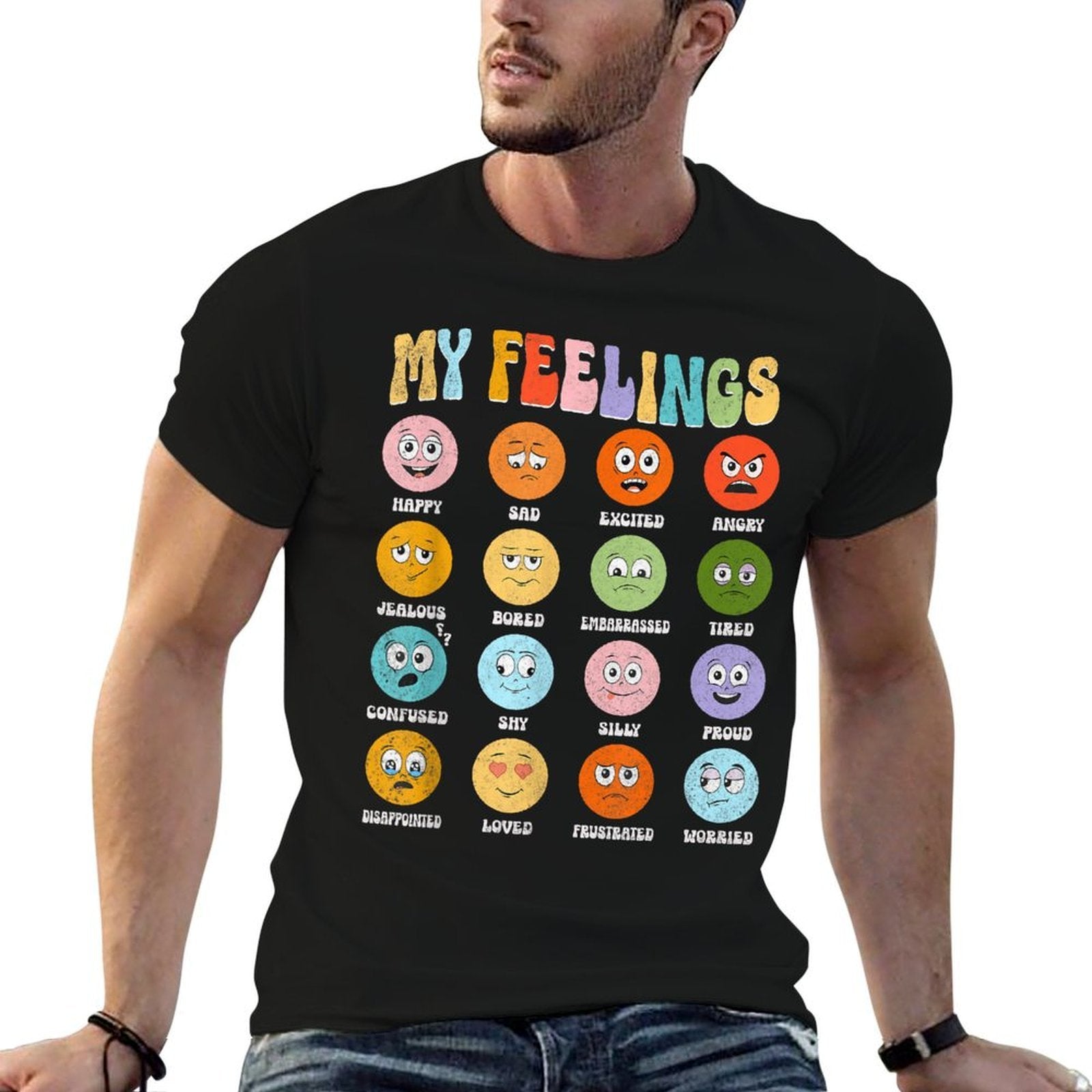 Groovy Retro My Feelings Chart Funny Hippie Face Emotions, Small  Soft T-Shirt