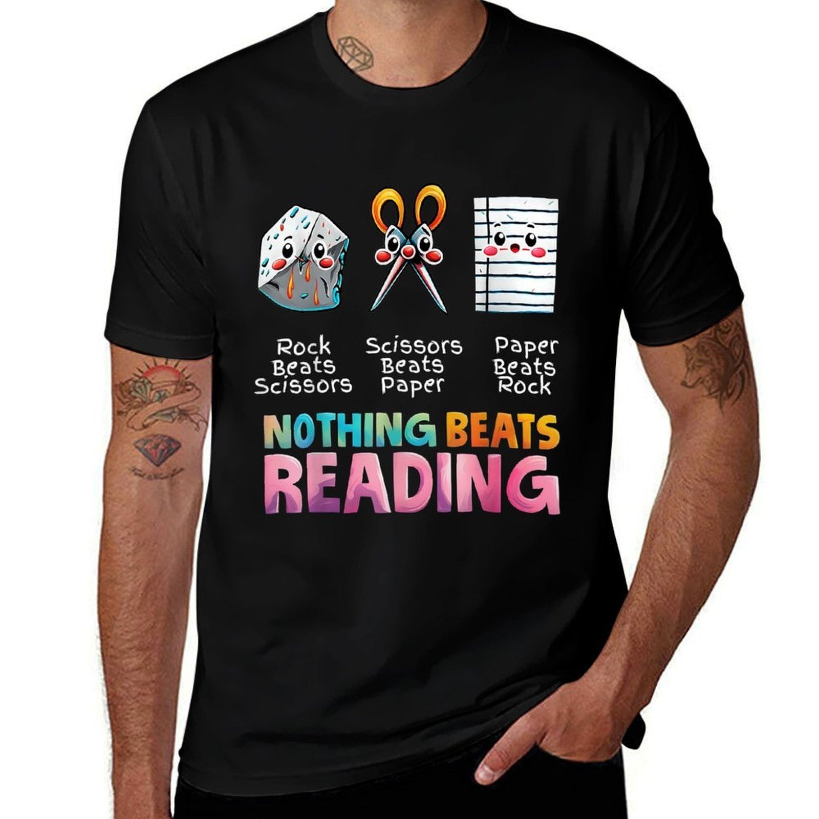 Nothing Beats Reading Funny Rock Paper Scissors  Rolled Sleeves T-Shirt