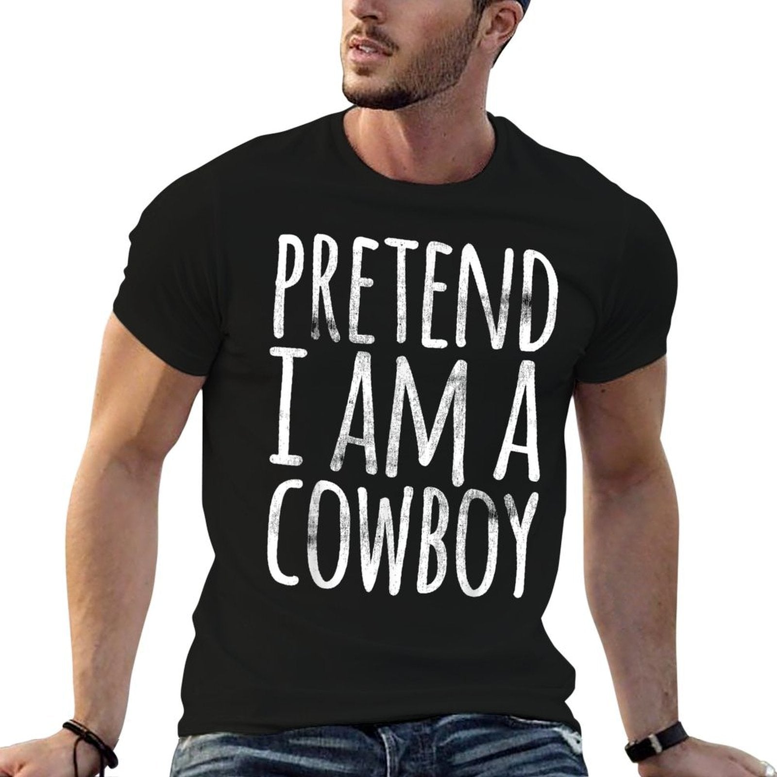 PRETEND IM A COWBOY Funny Easy Lazy Halloween Costume Gift  Ribbed Collar T-Shirt