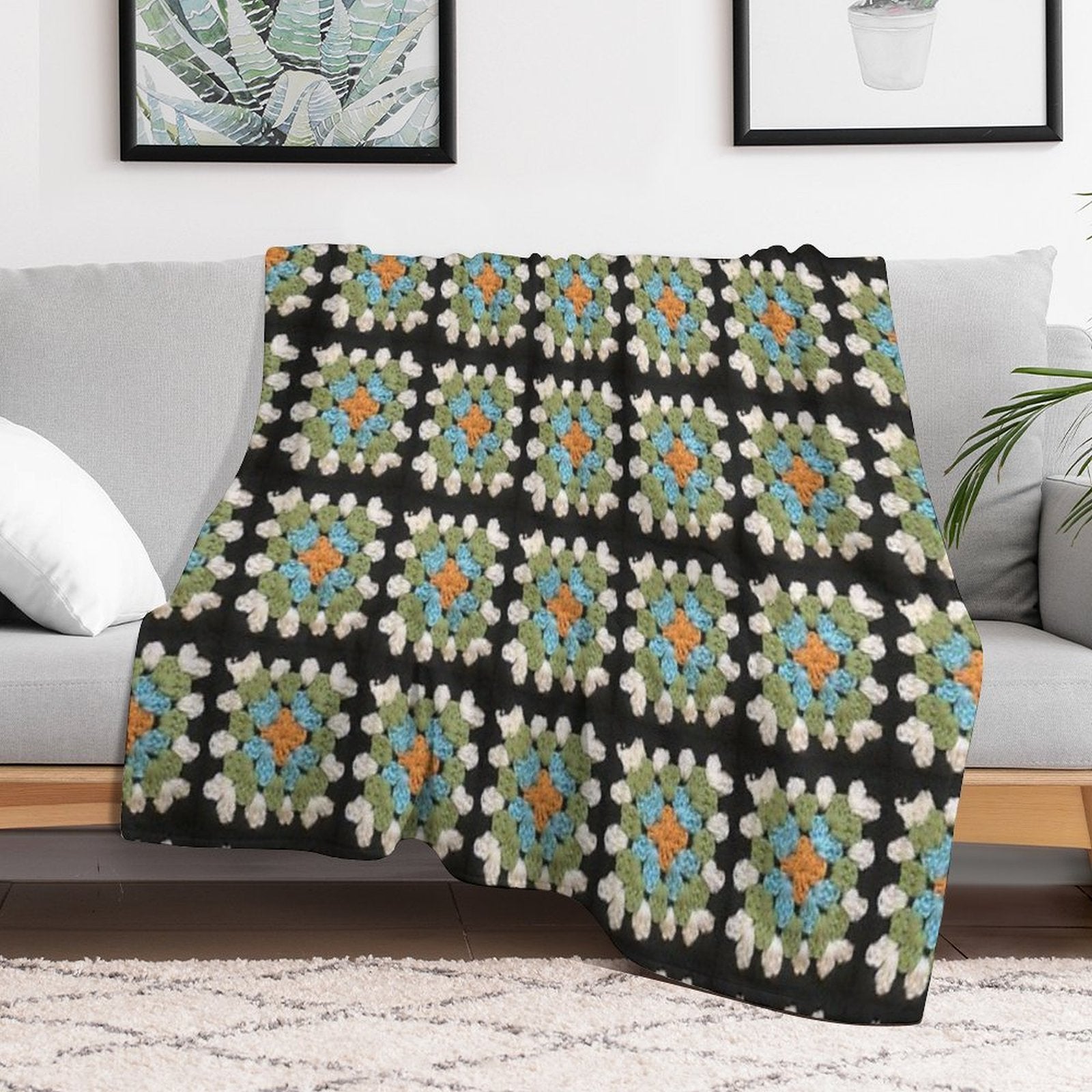 Orange, Blue And Green Granny Square Premium Throw Blanket