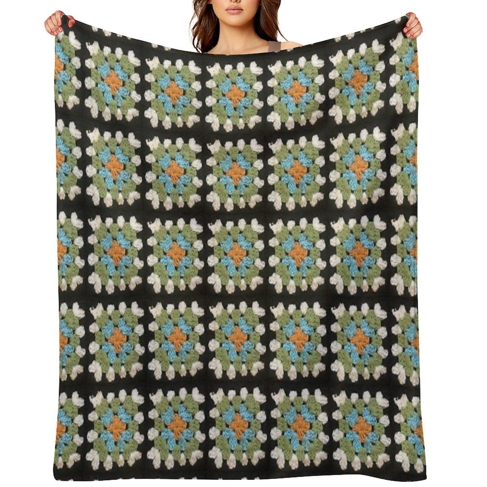 Orange, Blue And Green Granny Square Premium Throw Blanket