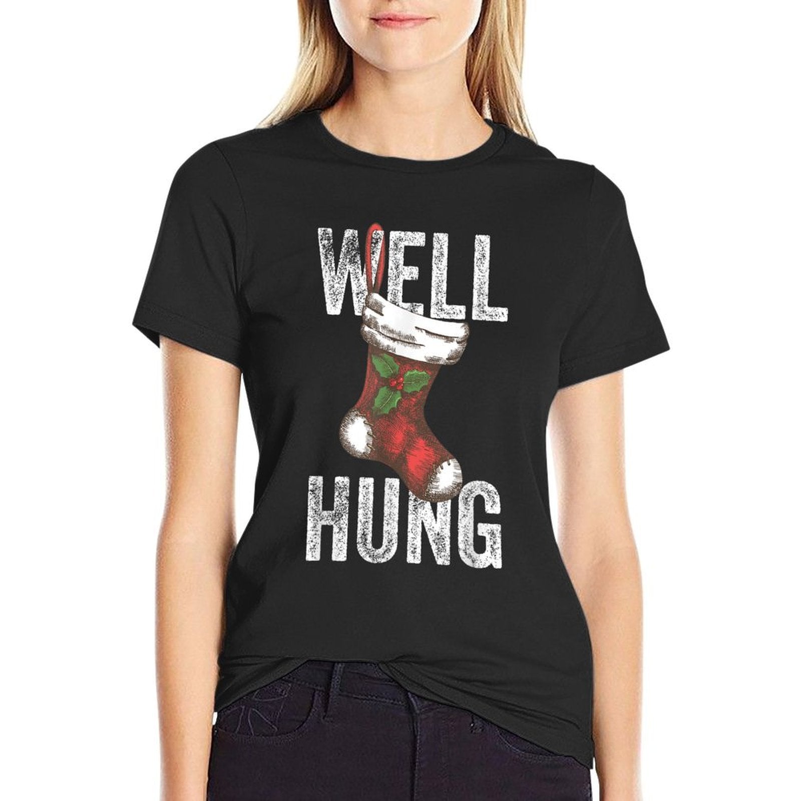 Well Hung, Dirty Christmas Stocking Holiday Gift Funny Xmas  Rolled Sleeves T-Shirt