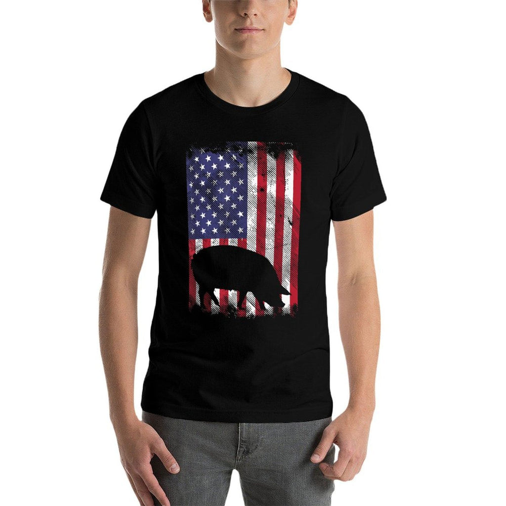 American Pig Vintage Farm Animal Patriotic Farmer Gift  Rolled Sleeves T-Shirt