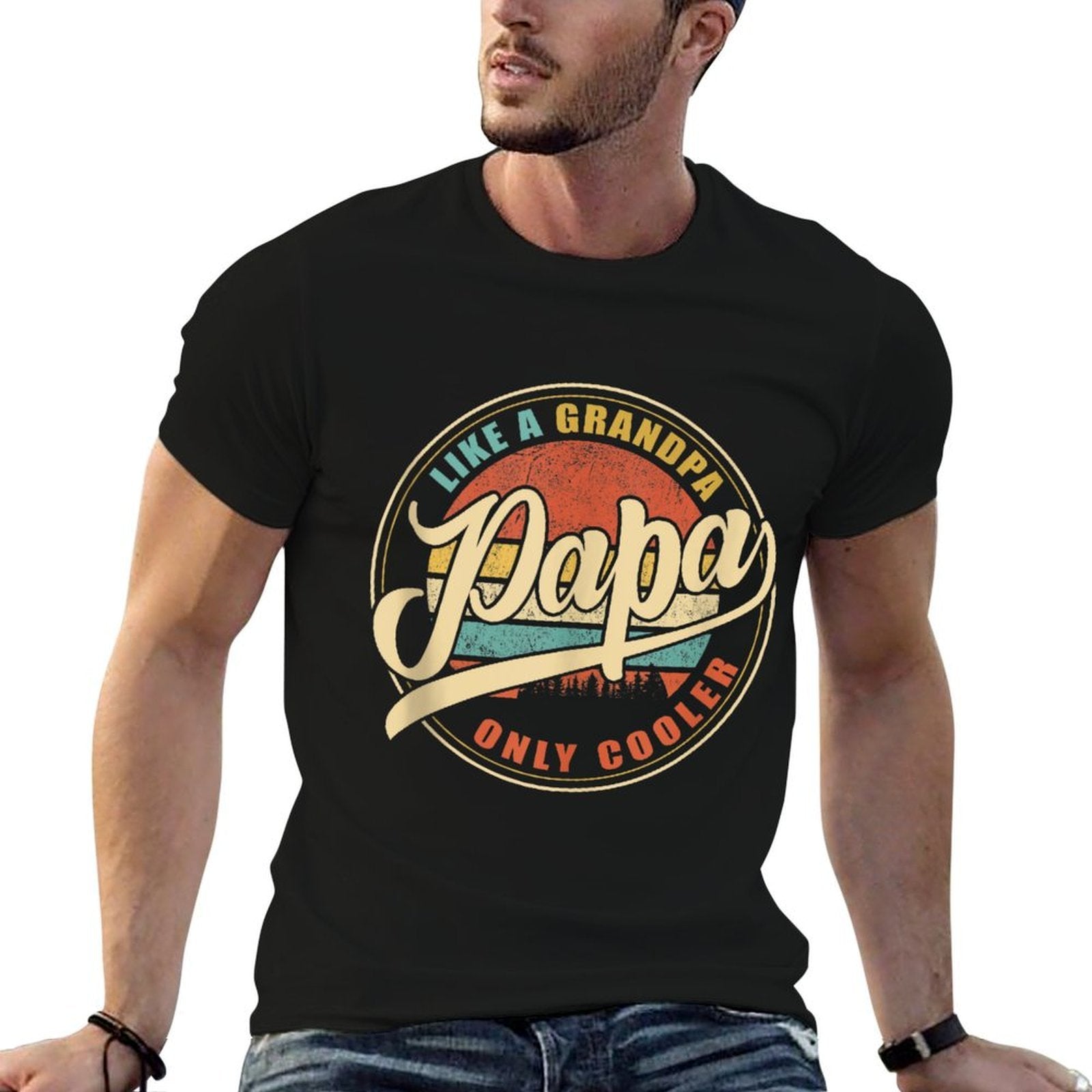Mens PAPA Like A Grandpa Only Cooler Funny Dad Papa Grandfather  Rolled Sleeves T-Shirt
