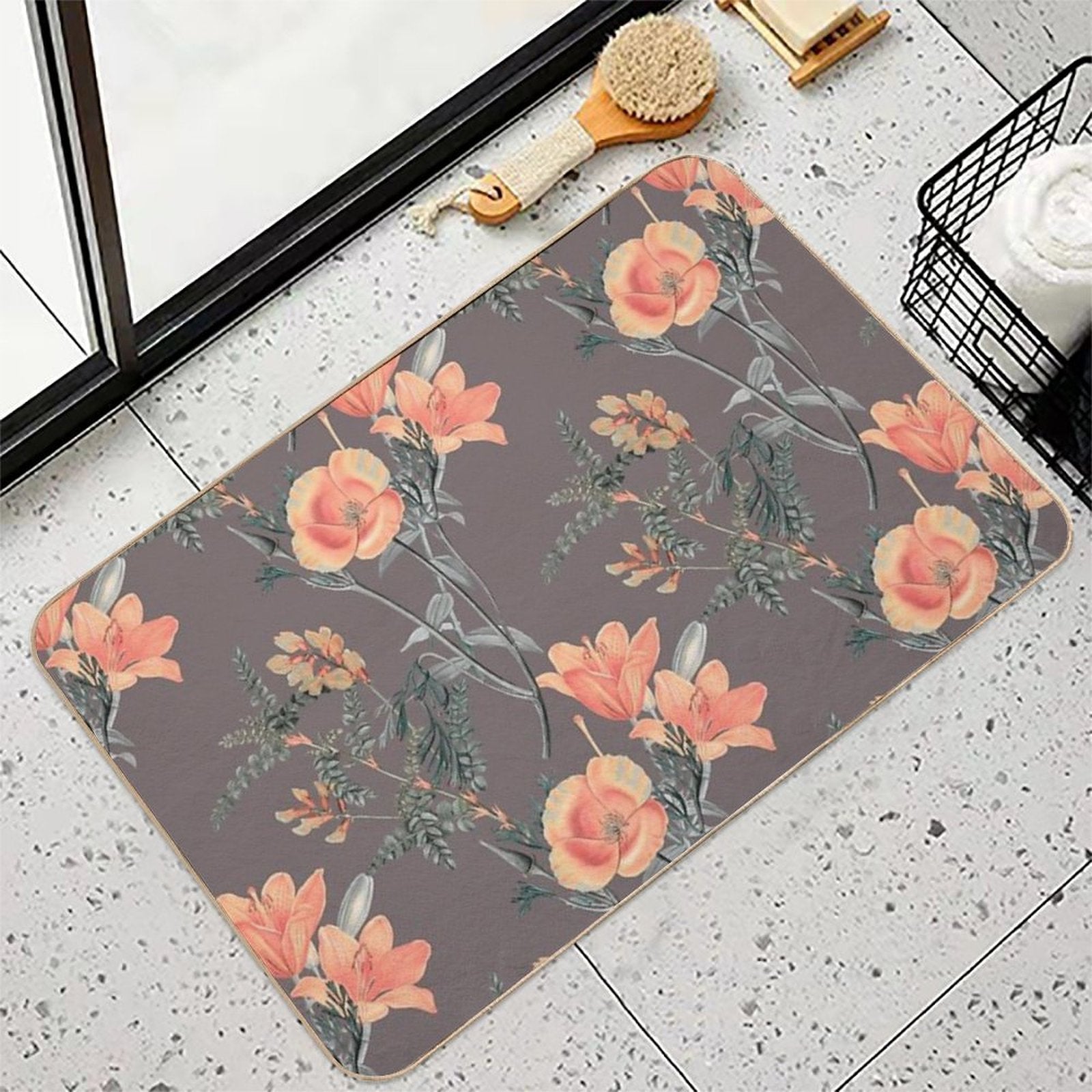 Vintage Orange Flowers Pattern  Stain-Proof Bath Mat