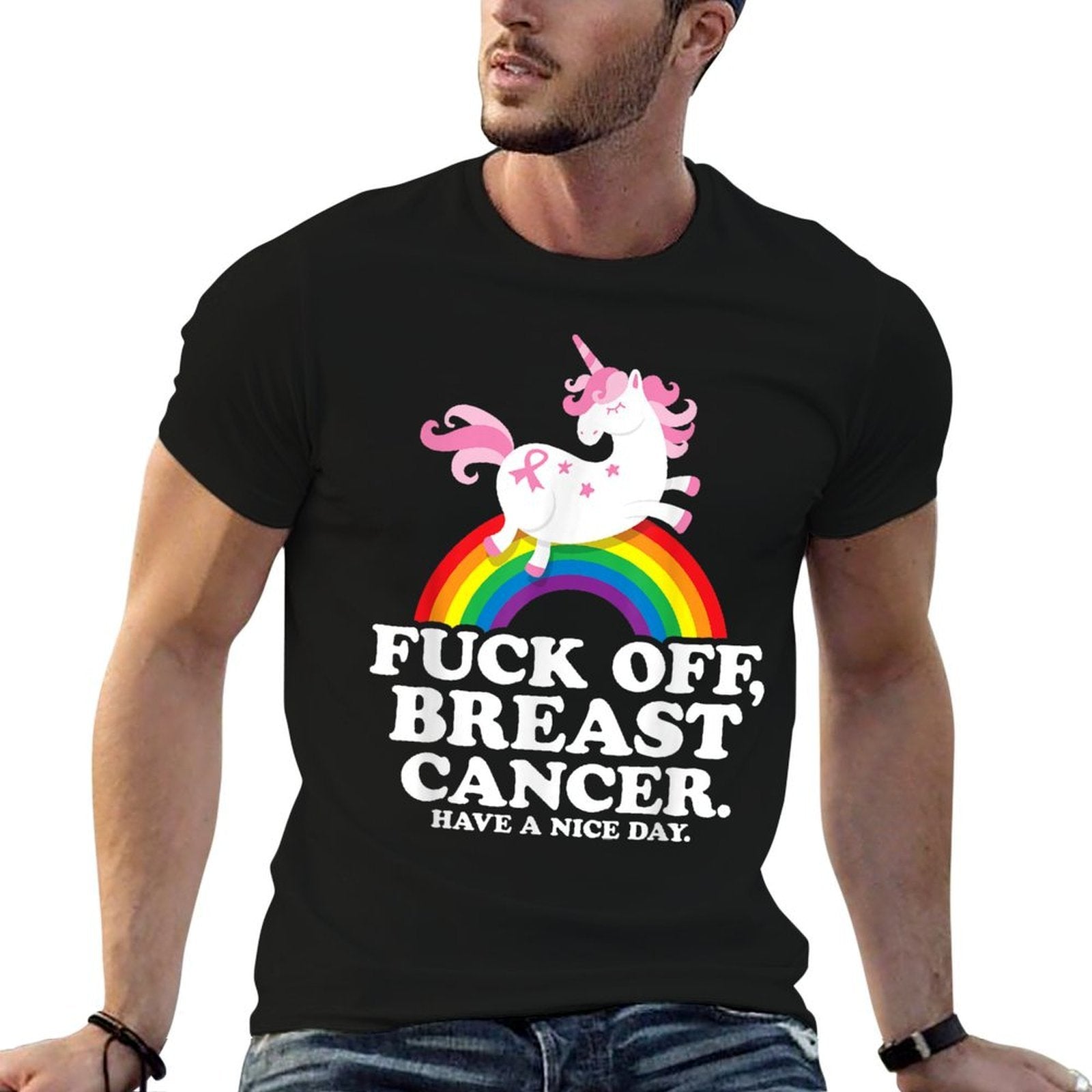 Fuck Off Breast Cancer Funny Quote with Unicorn And Rainbow  Classic T-Shirt
