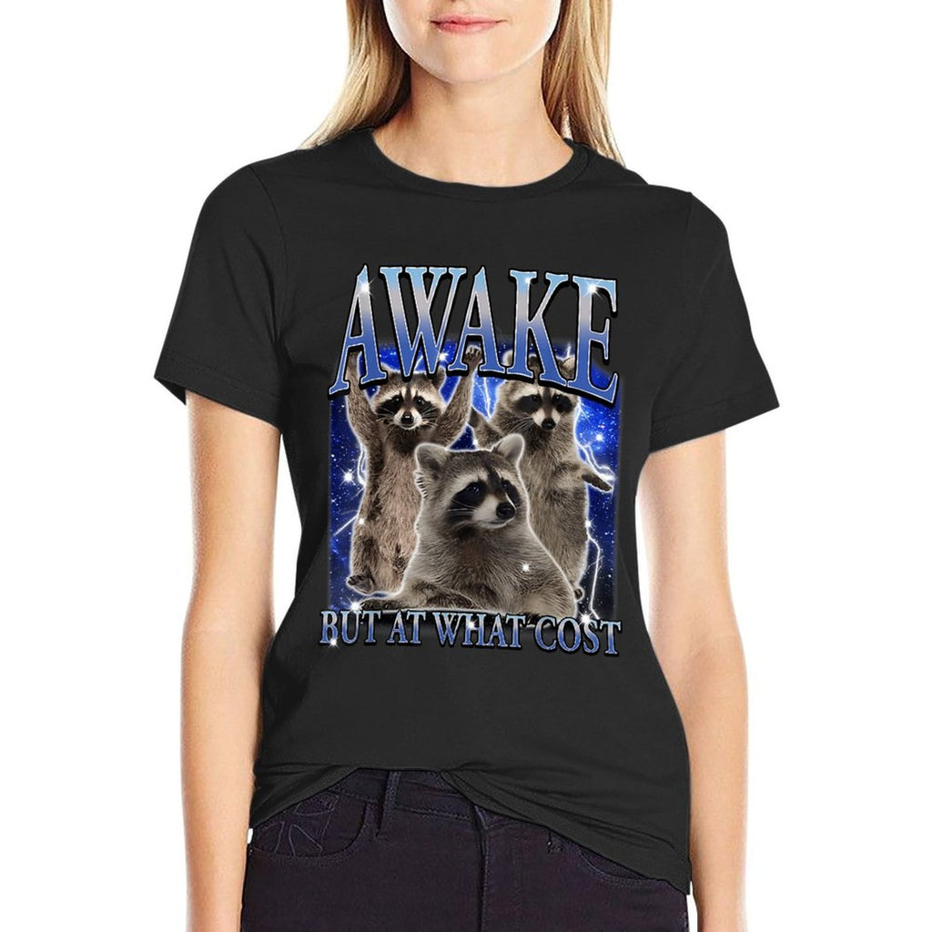Awake But At What Cost Retro Raccoon Meme Sarcastic Sayings  Relaxed-fit T-Shirt