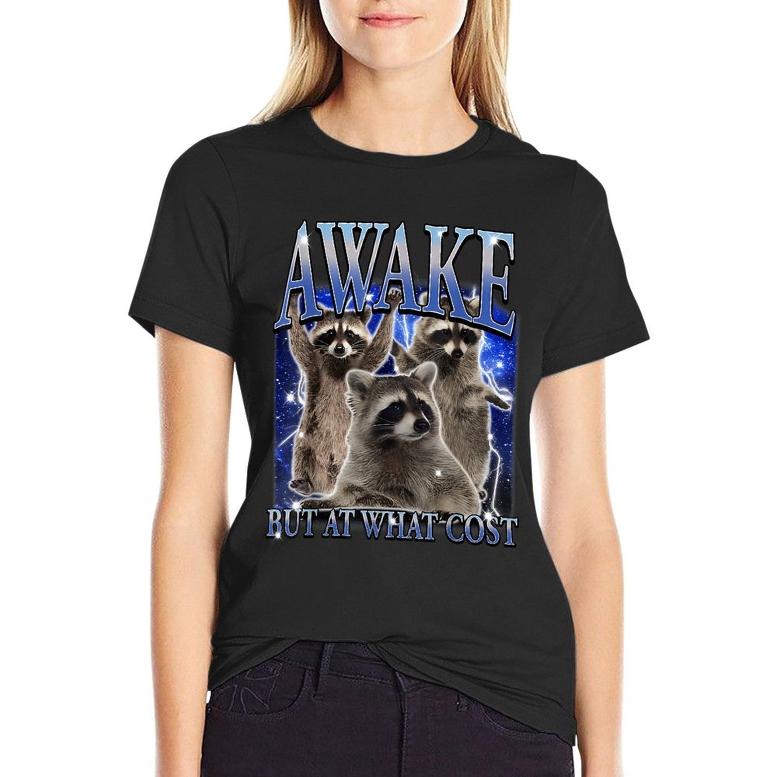 Awake But At What Cost Retro Raccoon Meme Sarcastic Sayings  Relaxed-fit T-Shirt