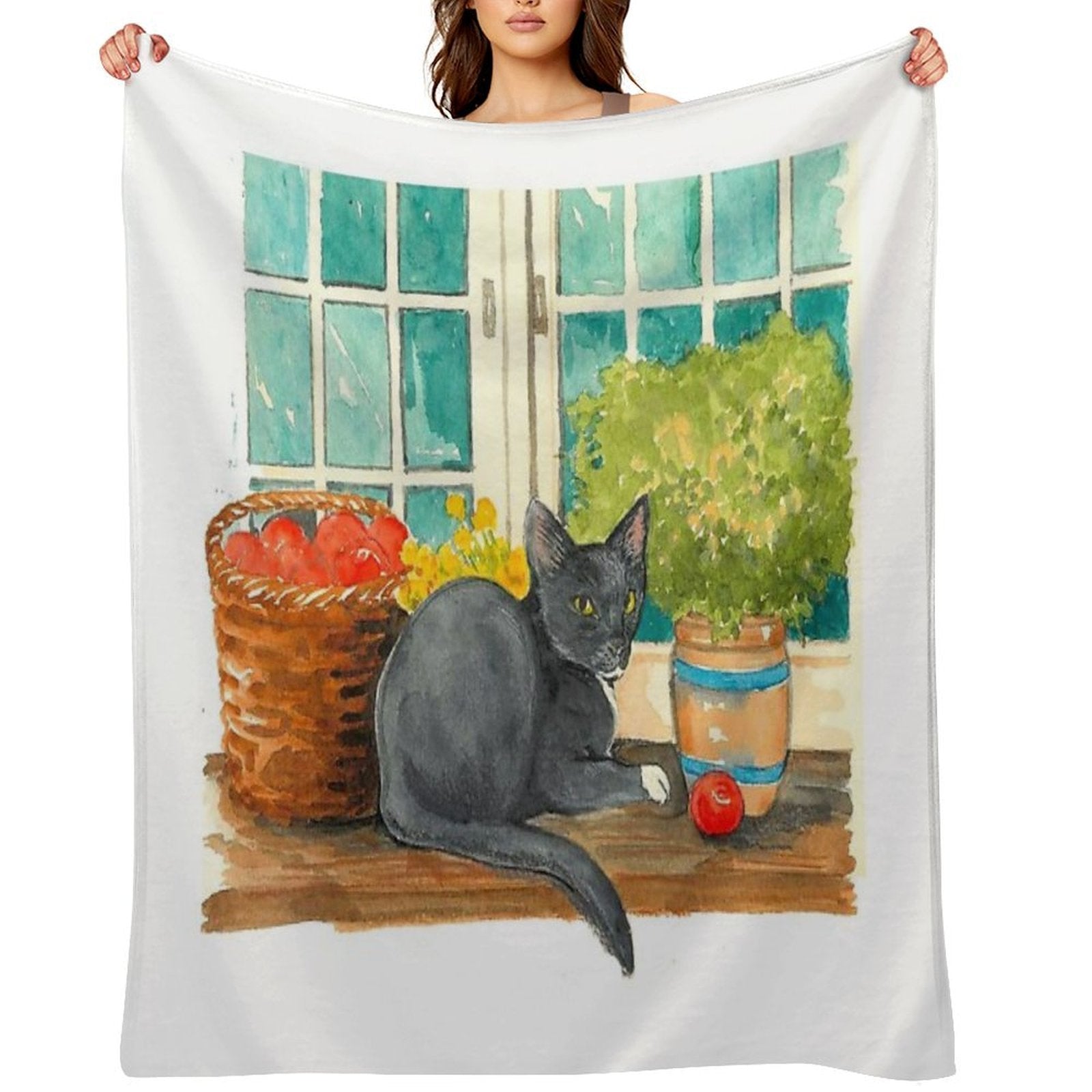 Black Cat on A Sunny Windowsill – Cozy Cottage Illustration Plush Throw Blanket