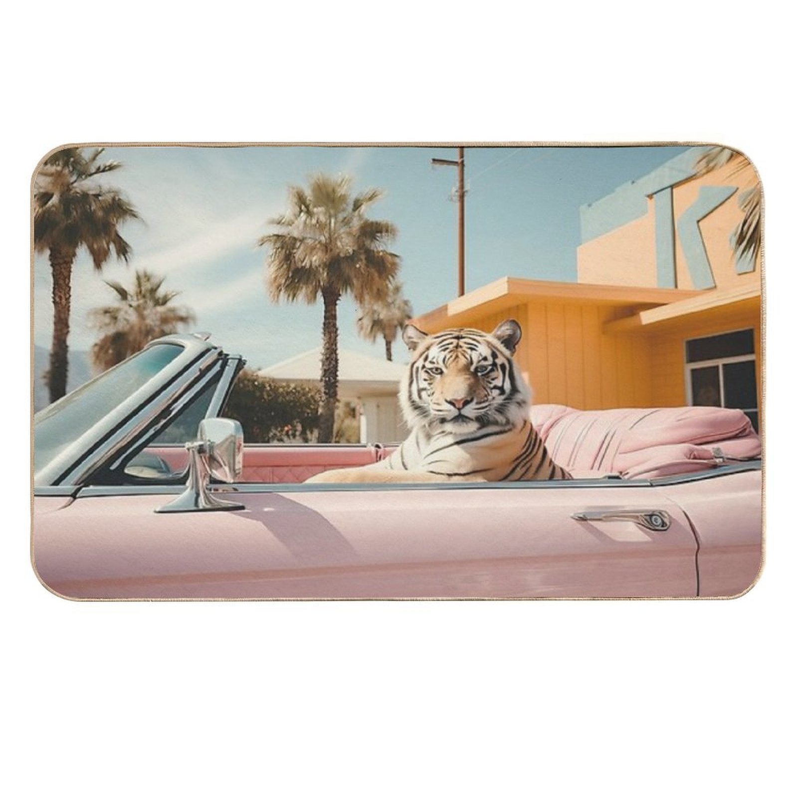 Cool Tiger in A Pastel Cabrio in Palm Springs  Easy To Clean Bath Mat