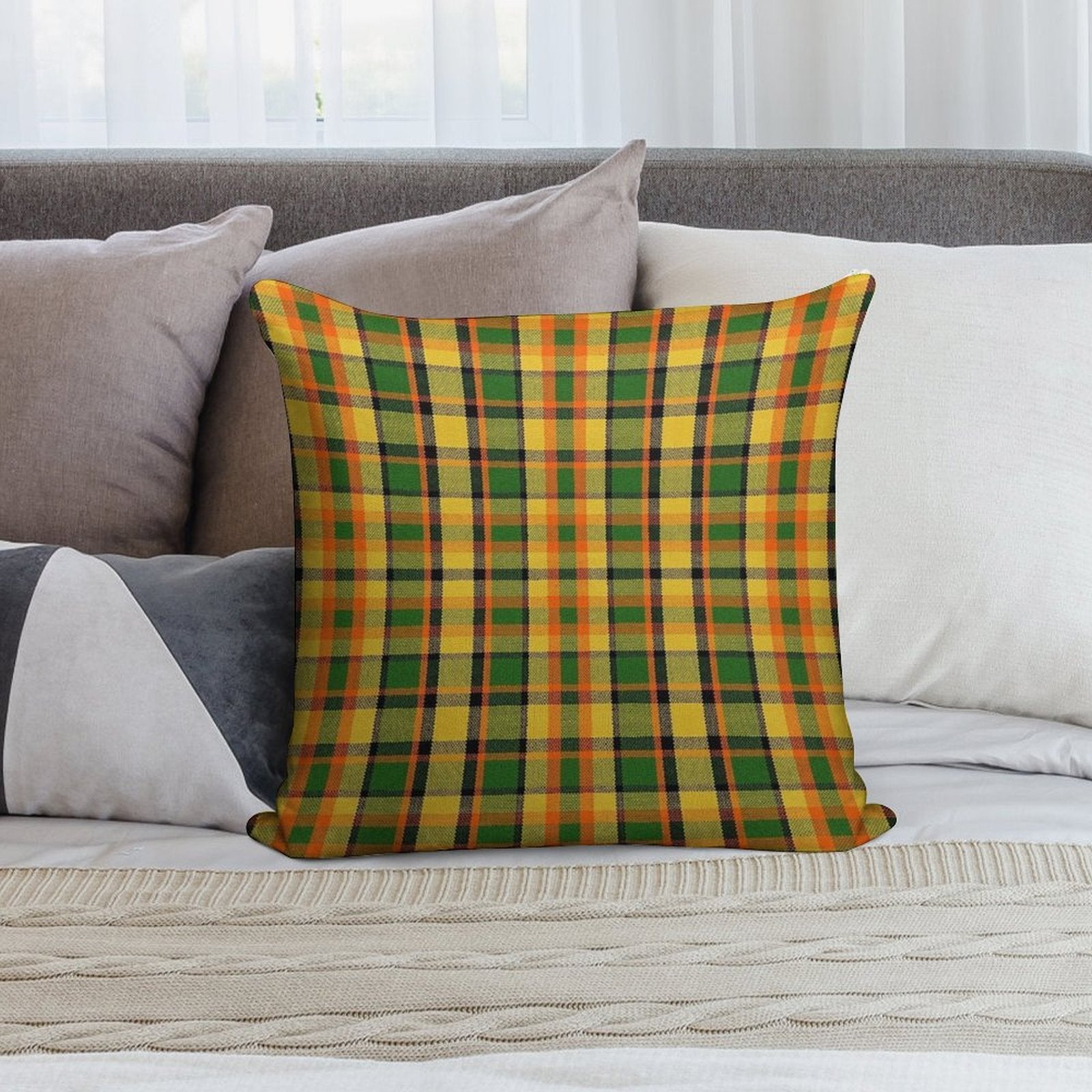 Westy Tartan Yellow Plaid for Bulli Bus Camper Soft Washable Throw Pillow