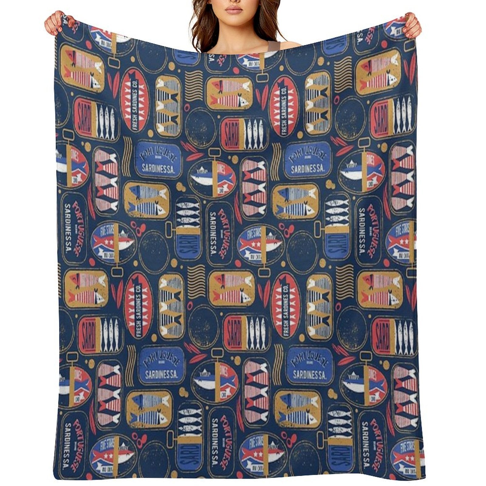Vintage Canned Sardines  Navy Blue Background Electric Blue And Mandy Red Cans Premium Throw Blanket