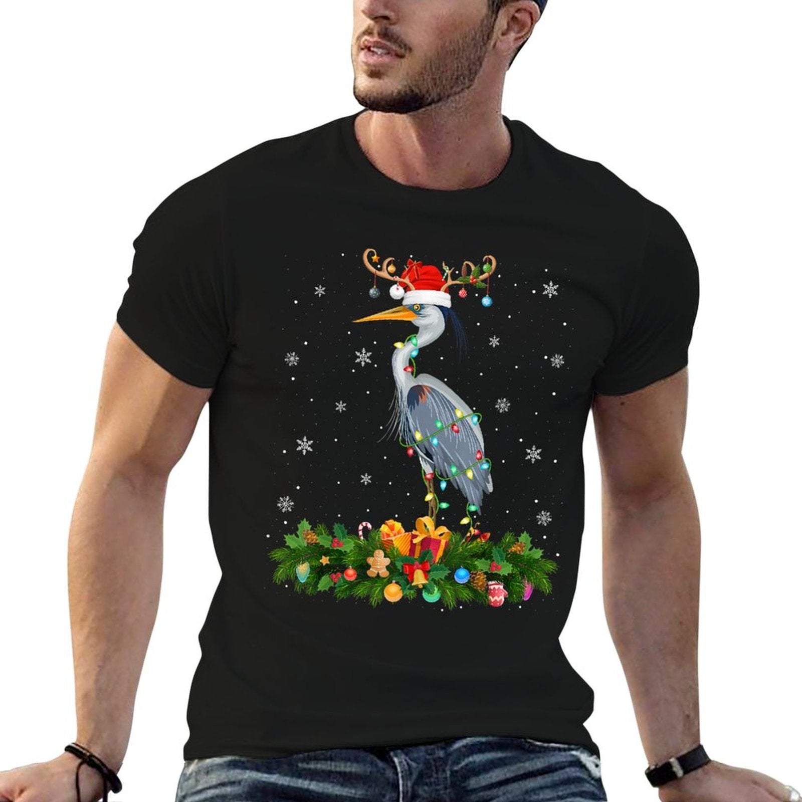 Heron Bird Christmas Lights Reindeer Santa Xmas Adult  Kids  Durable T-Shirt