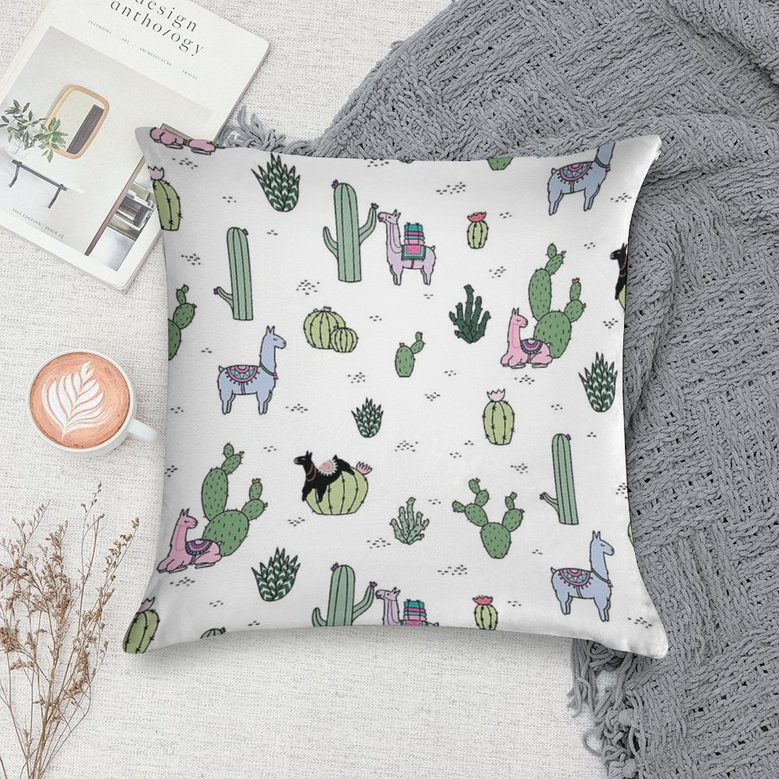 Cacti Llamas Soft Washable Throw Pillow