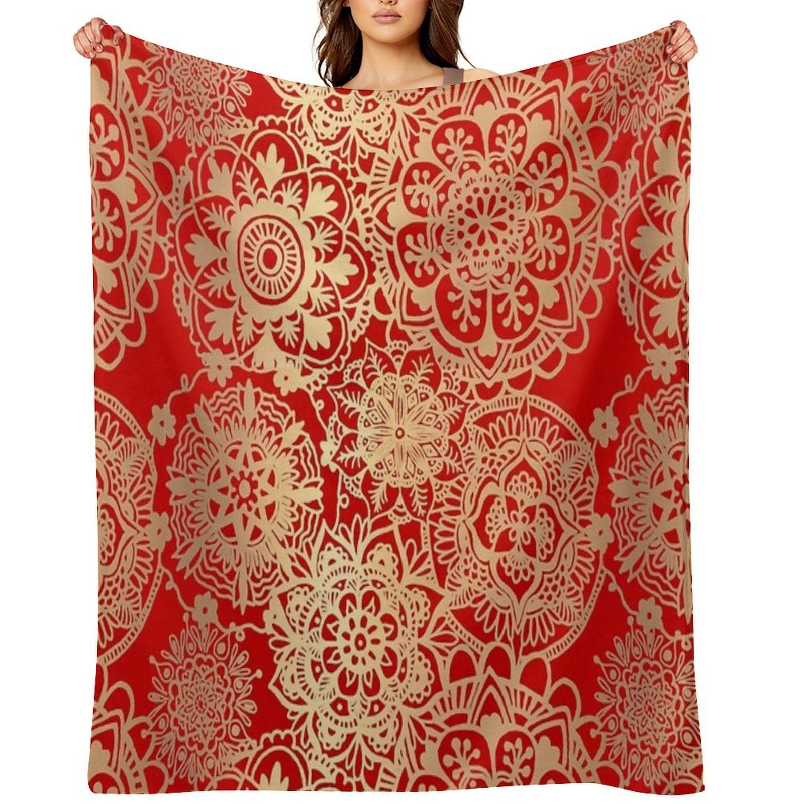 Red And Gold Mandala Pattern Plush Throw Blanket