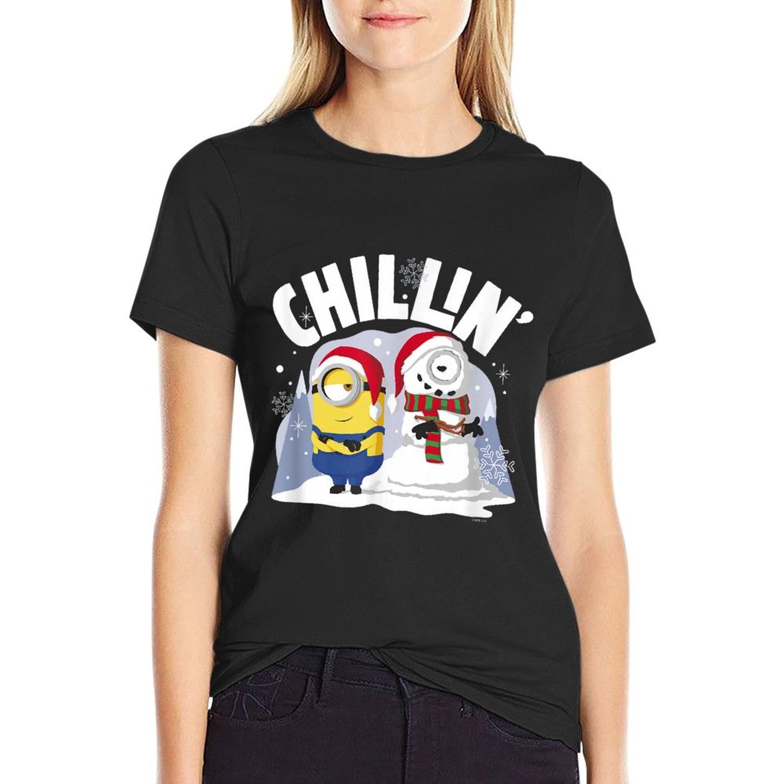 Minions Christmas Dave And Snowman Chillin Poster  Ribbed Collar T-Shirt