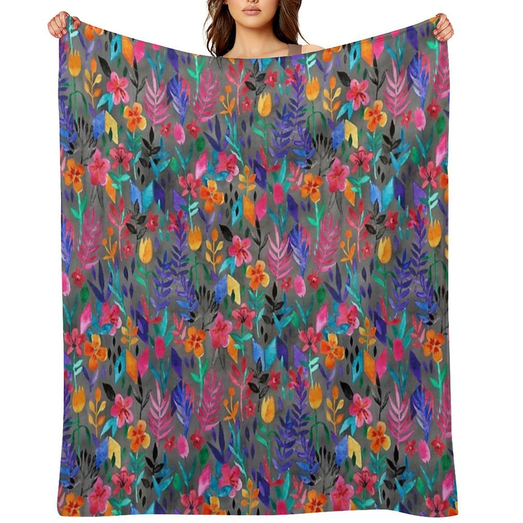 Popping Color Painted Floral on Grey Lightweight Throw Blanket