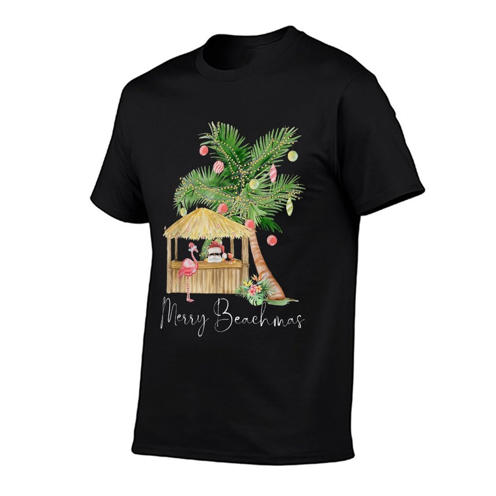 Merry Beachmas Hawaiian Pink Flamingo Palm Tree Christmas Men Women Kids  Summer-ready Fabric T-Shirt