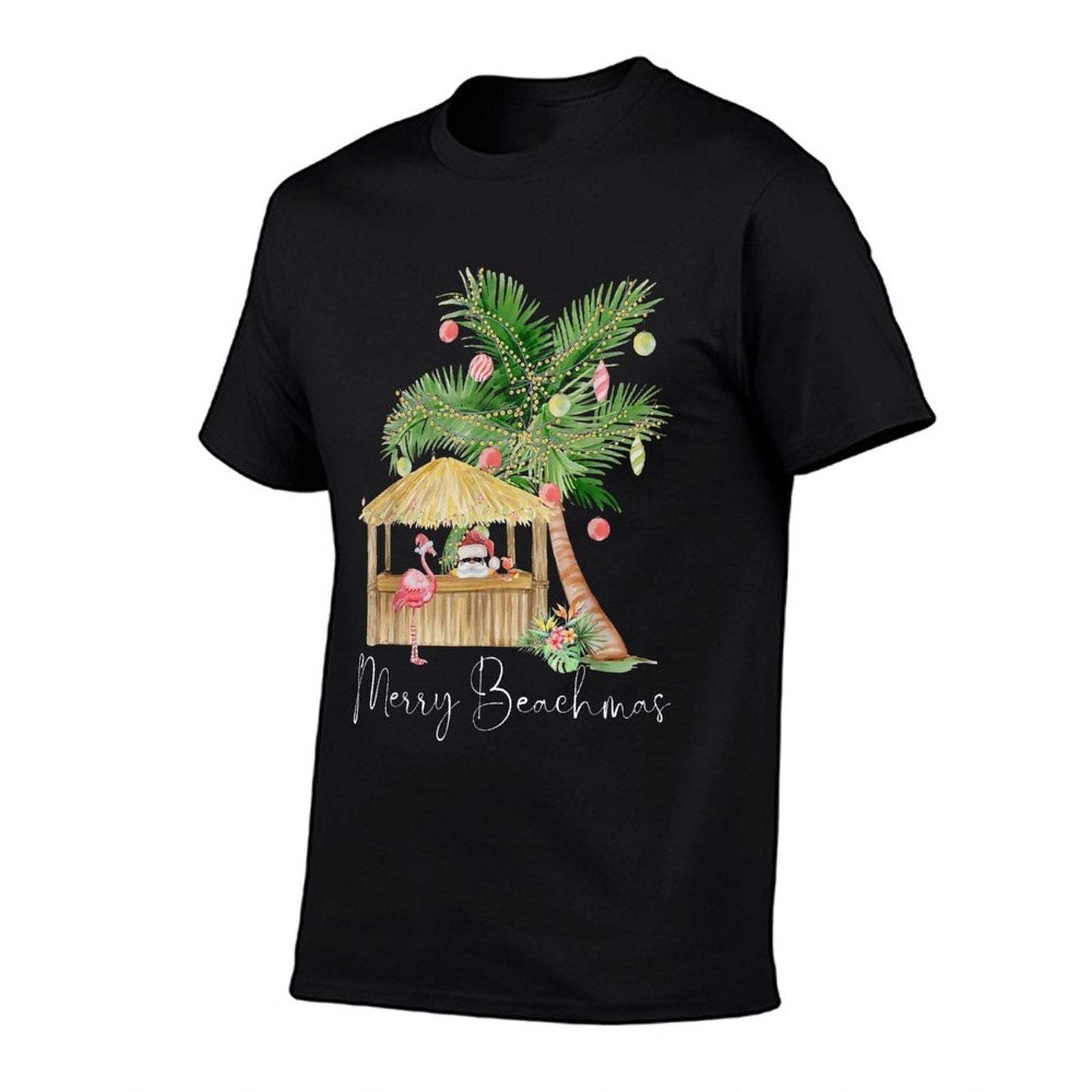 Merry Beachmas Hawaiian Pink Flamingo Palm Tree Christmas Men Women Kids  Summer-ready Fabric T-Shirt