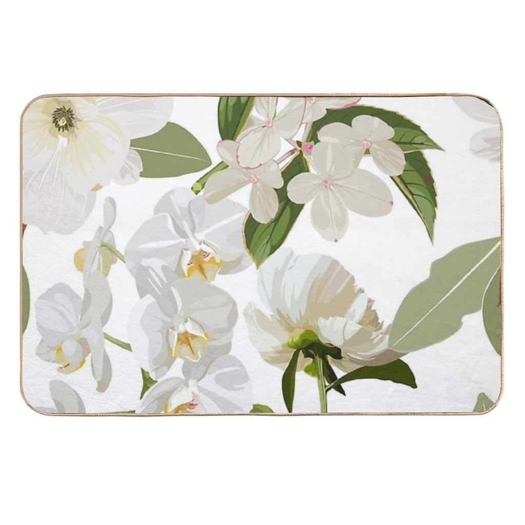 Beautiful Floral Seamless Pattern with Hydrangea White Flowers, Ochids And Leaves.  Stain-Proof Bath Mat