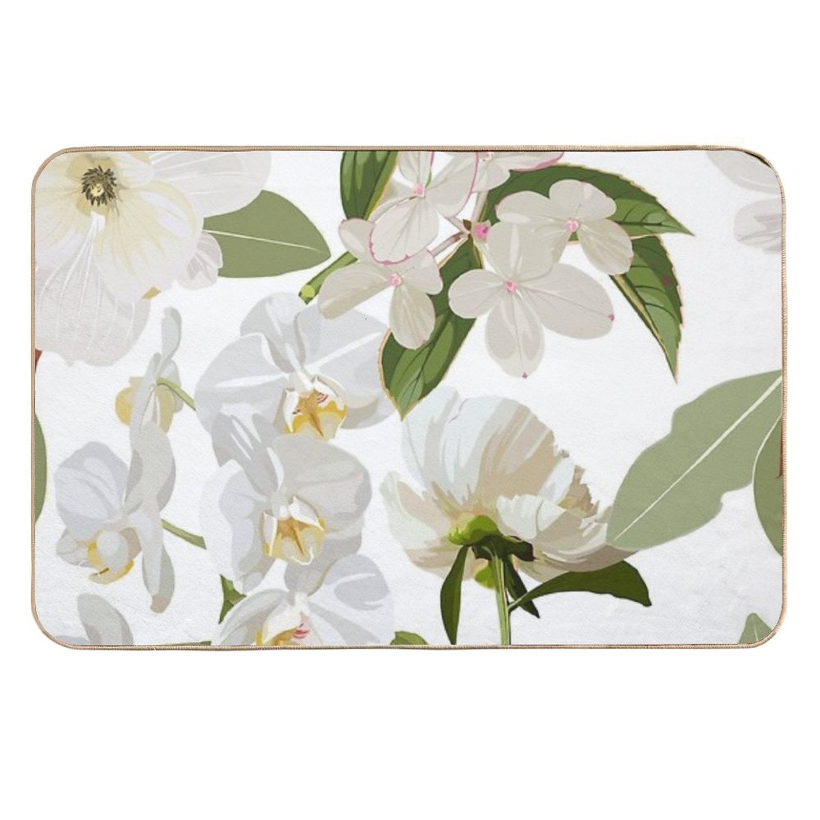 Beautiful Floral Seamless Pattern with Hydrangea White Flowers, Ochids And Leaves.  Stain-Proof Bath Mat