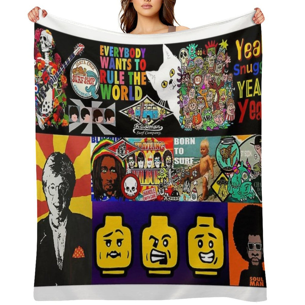 Surf, Rock, Guitar, Skull, Monsters, Lyrics, Faces, Funny Cartoons, Cats, Colourful Pop Art Collage of Art by Kludoman Quick-dry Throw Blanket