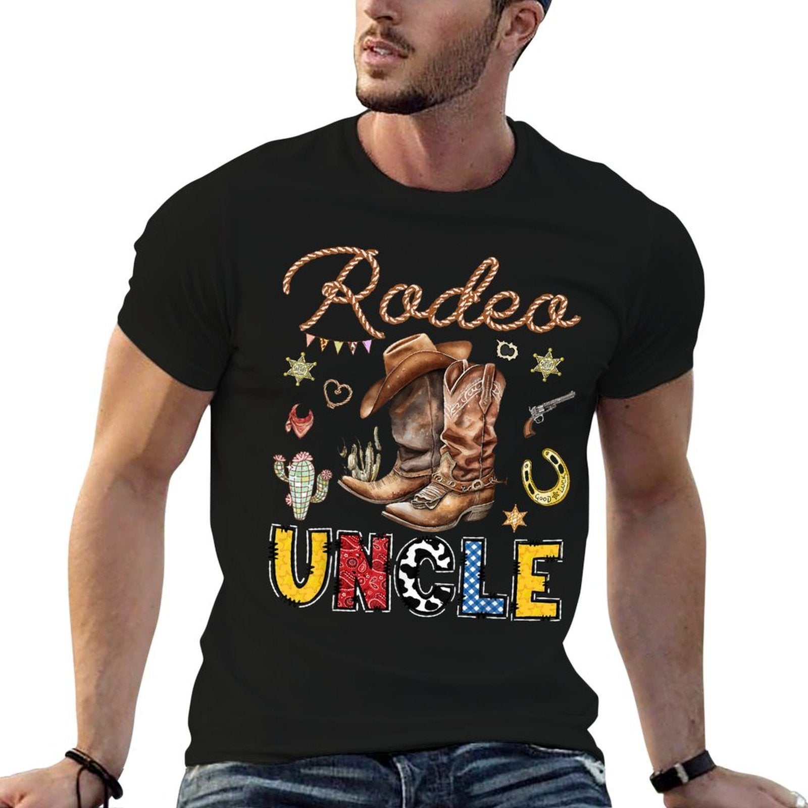Rodeo Uncle Western Cowboy Birthday Matching Family  Oversized Silhouette T-Shirt