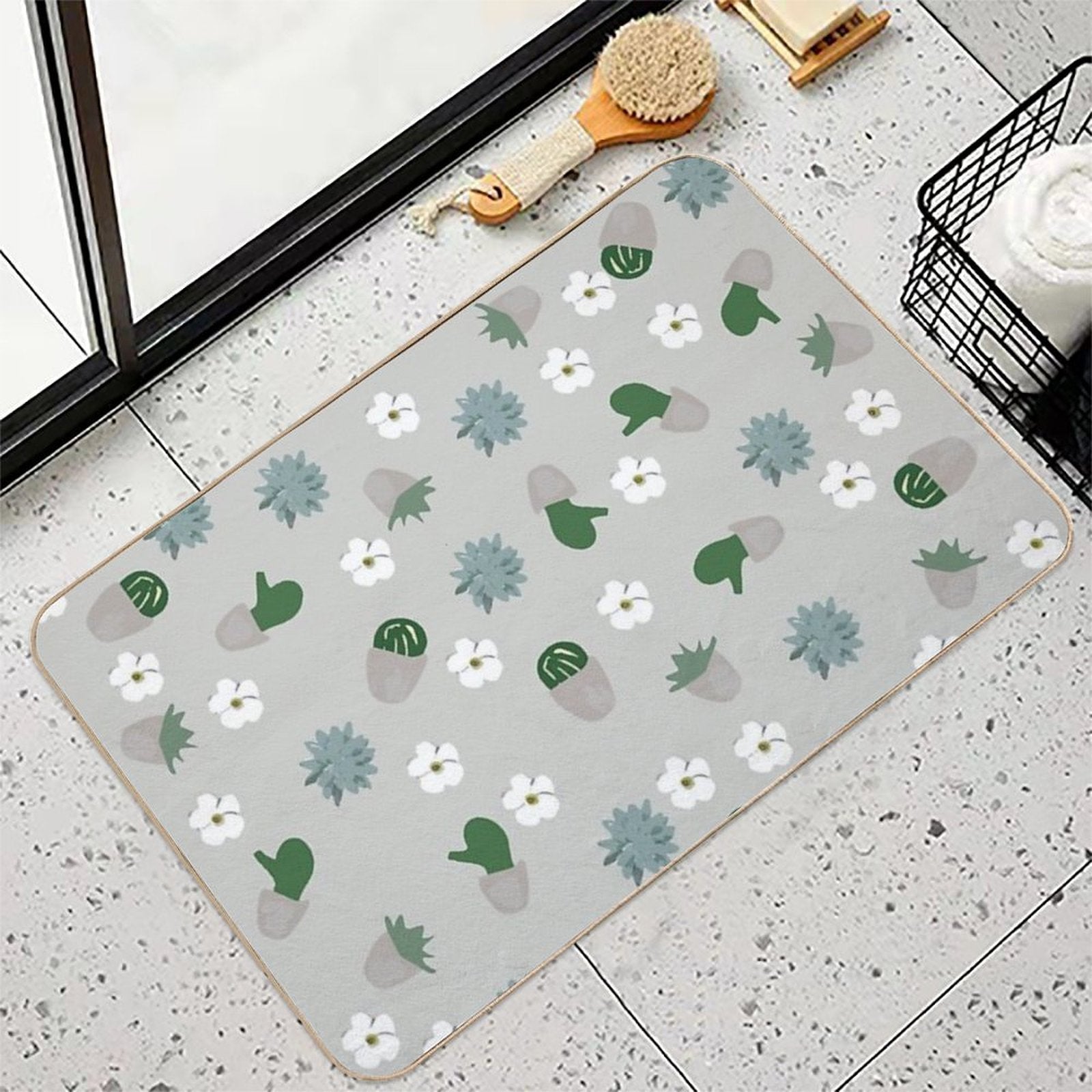 Succulent Pattern. Grey, Green.  Odorless Bath Mat
