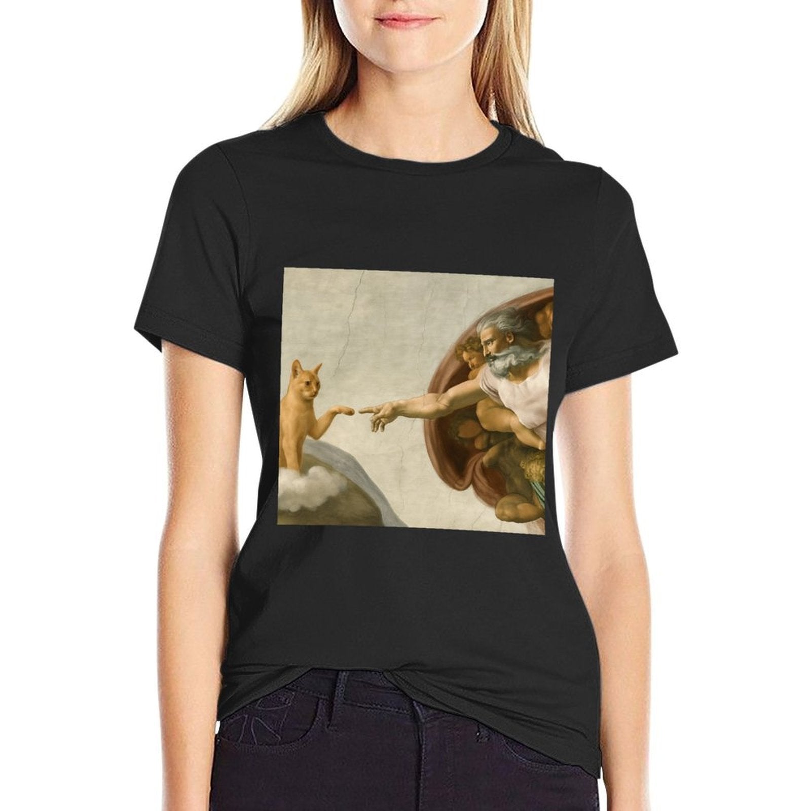 Funny Cat God Creation of Adam Meme Jesus  Tagless Design T-Shirt