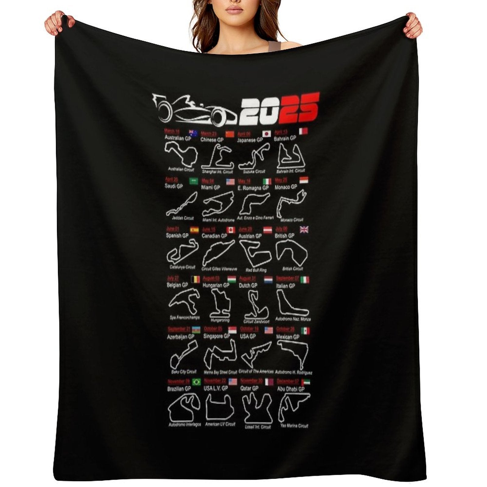 Calendar Formula Race Cars 2025 Named Circuits Sustainable Throw Blanket
