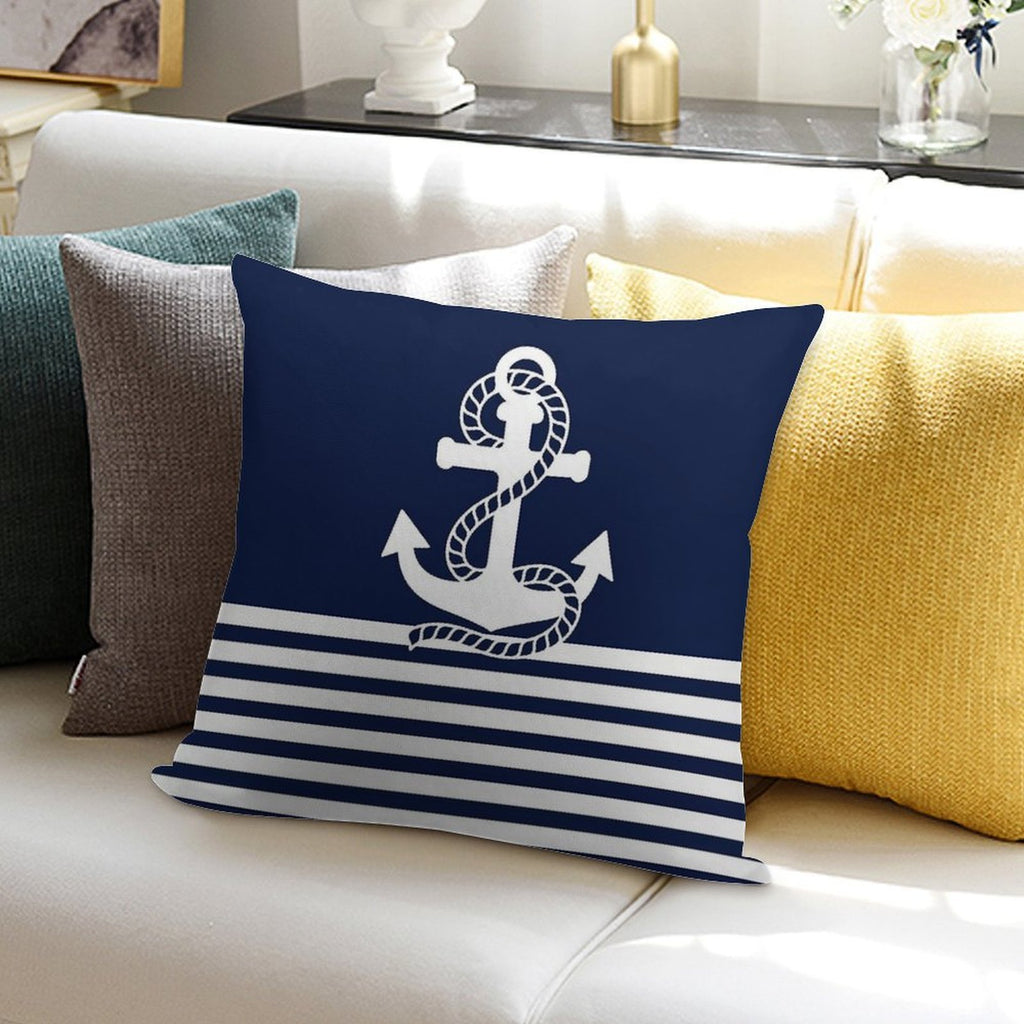 Nautical Navy Blue Stripes And White Anchor Soft Bedroom Essential Throw Pillow