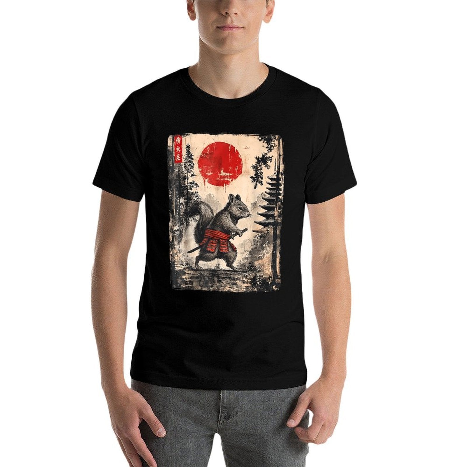 Samurai Squirrel Japanese Vintage Funny Gifts Graphic Art  Rolled Sleeves T-Shirt