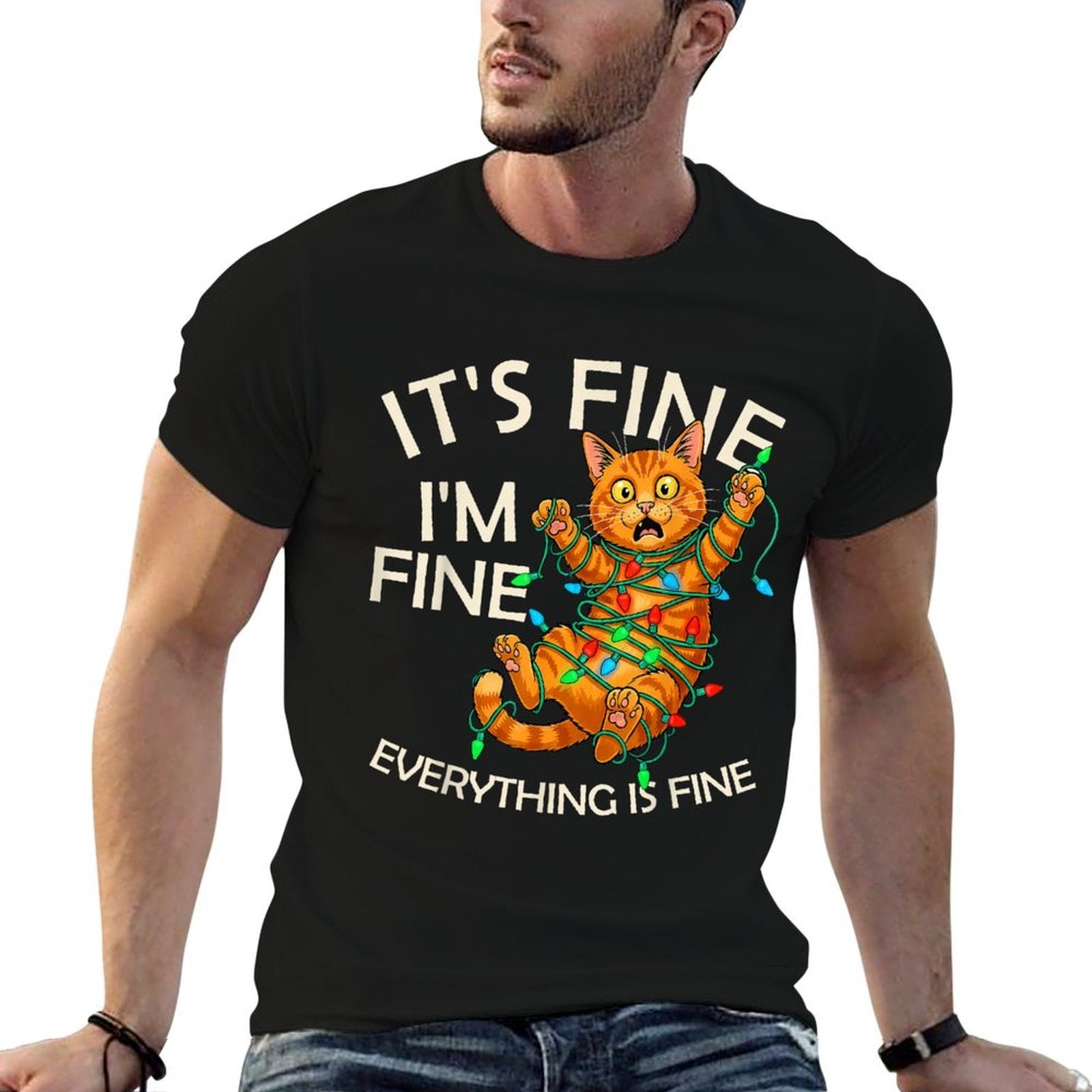 Funny Orange Cat Christmas Light Its Fine Im Fine Xmas  Durable T-Shirt