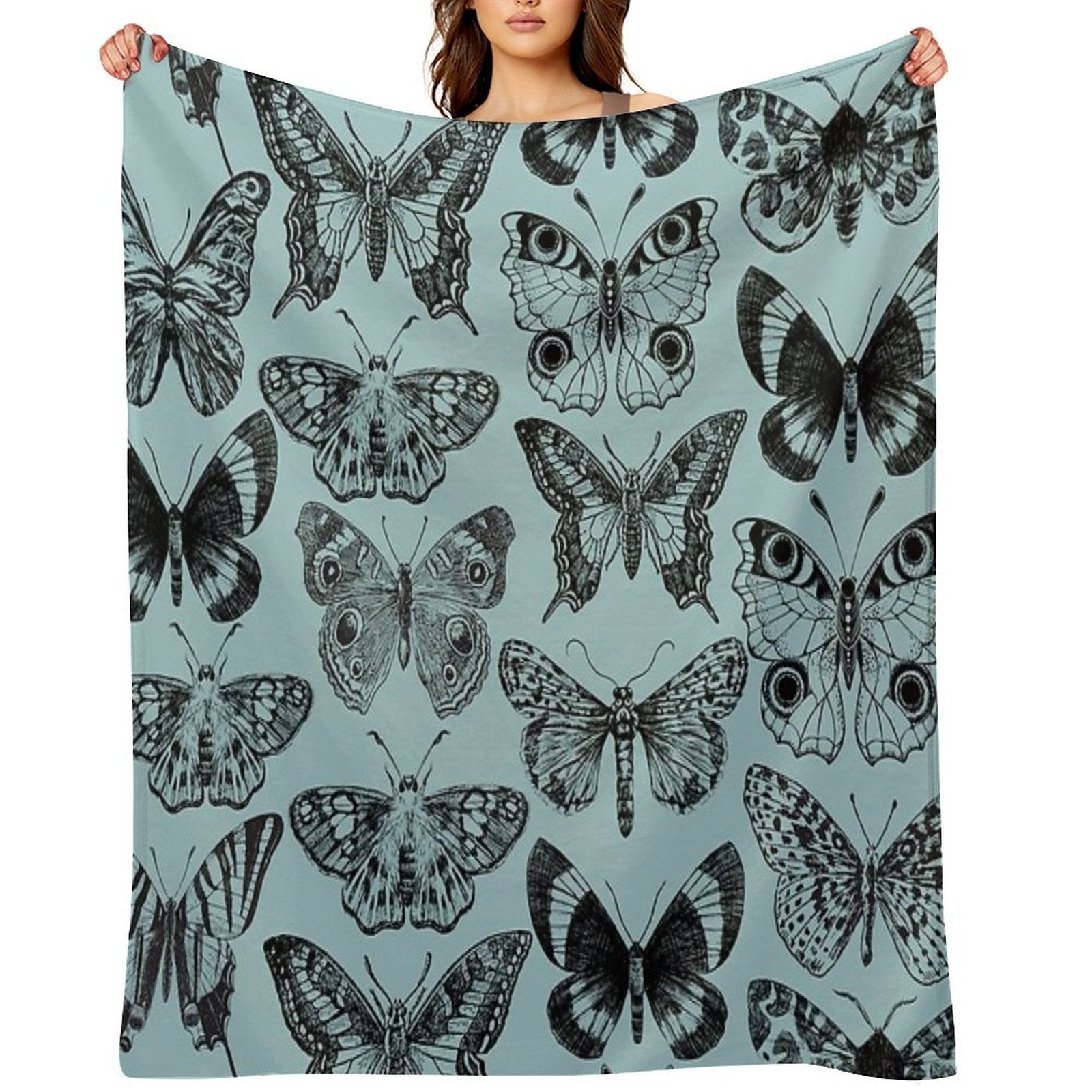 Large Butterfly Vintage Pattern (blue) Travel-friendly Throw Blanket