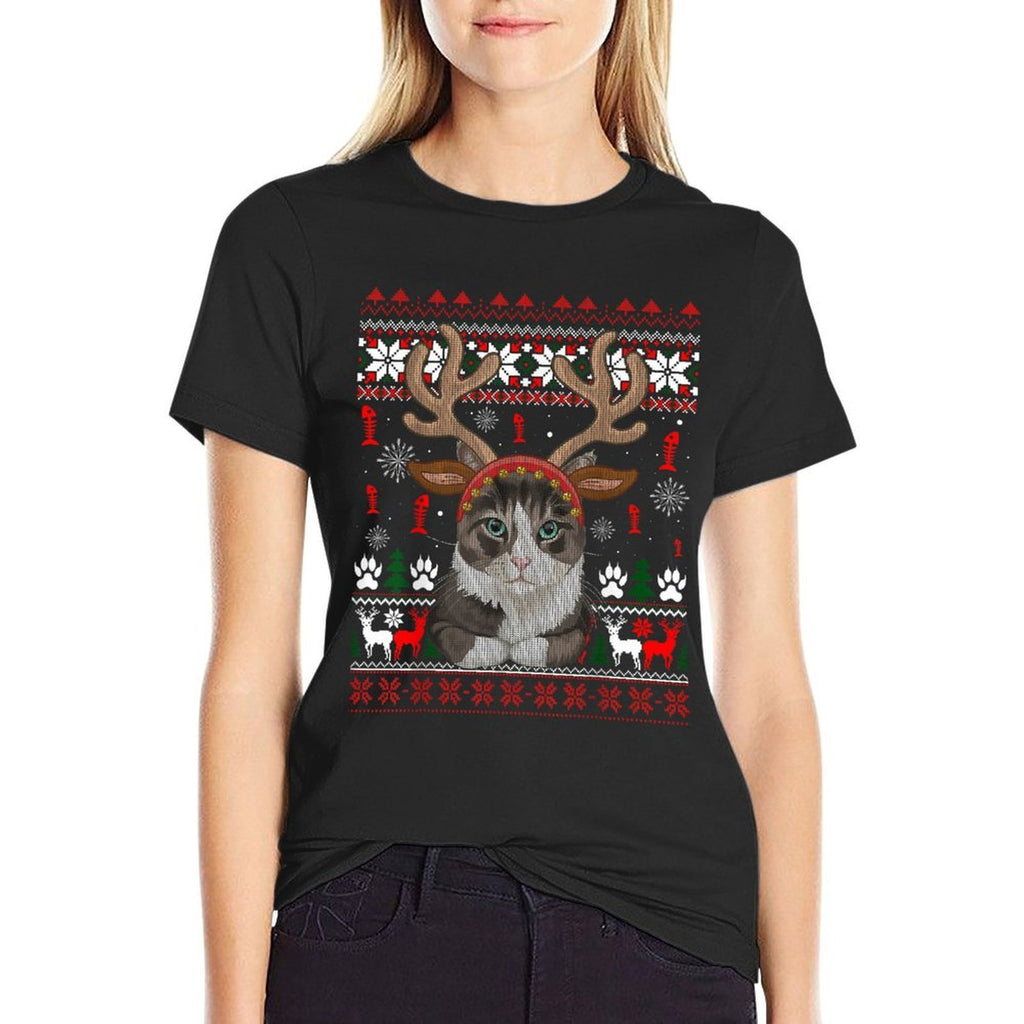 Christmas Cat Reindeer Ugly Christmas Sweater  Eco-friendly Material T-Shirt