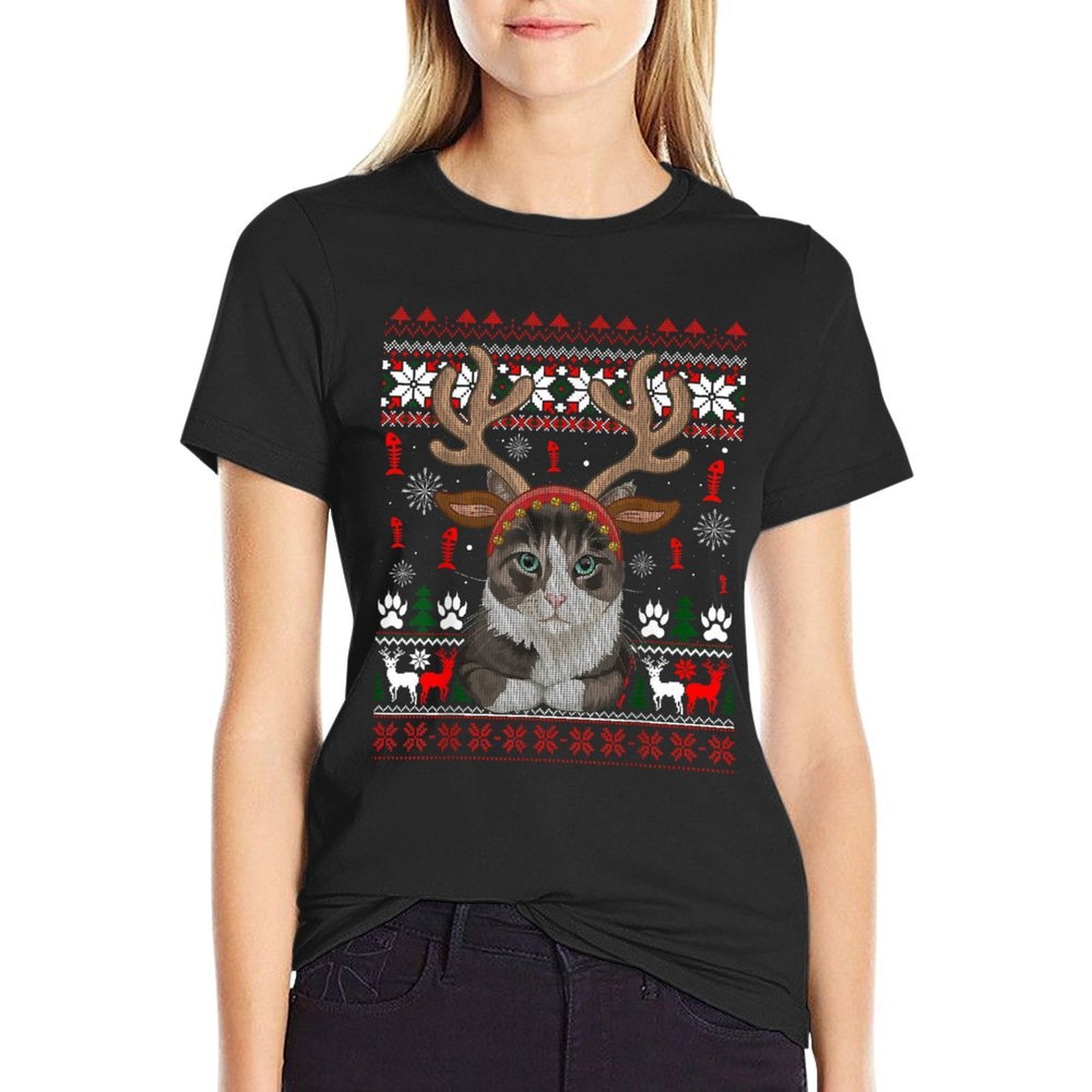 Christmas Cat Reindeer Ugly Christmas Sweater  Eco-friendly Material T-Shirt