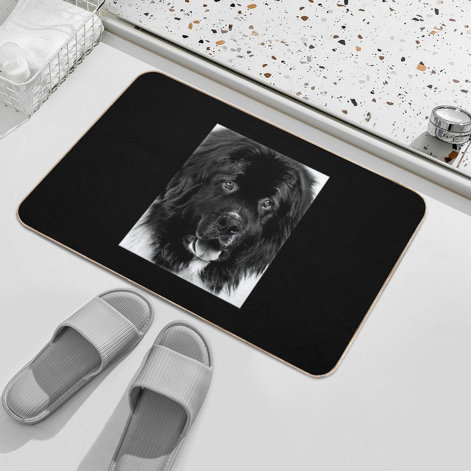 Newfoundland Dog Portrait in Black And White Durable Bath Mat