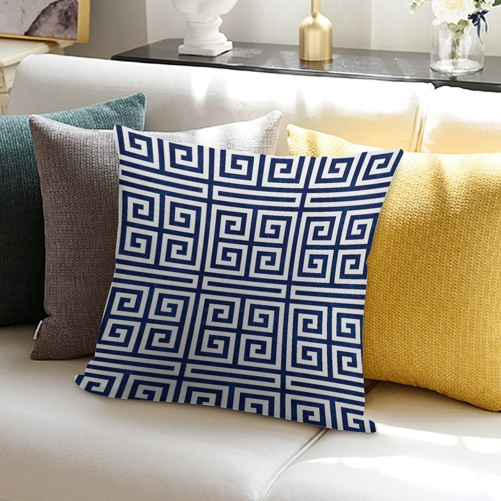 Greek Key - Blue And White Soft Skin-Friendly Throw Pillow