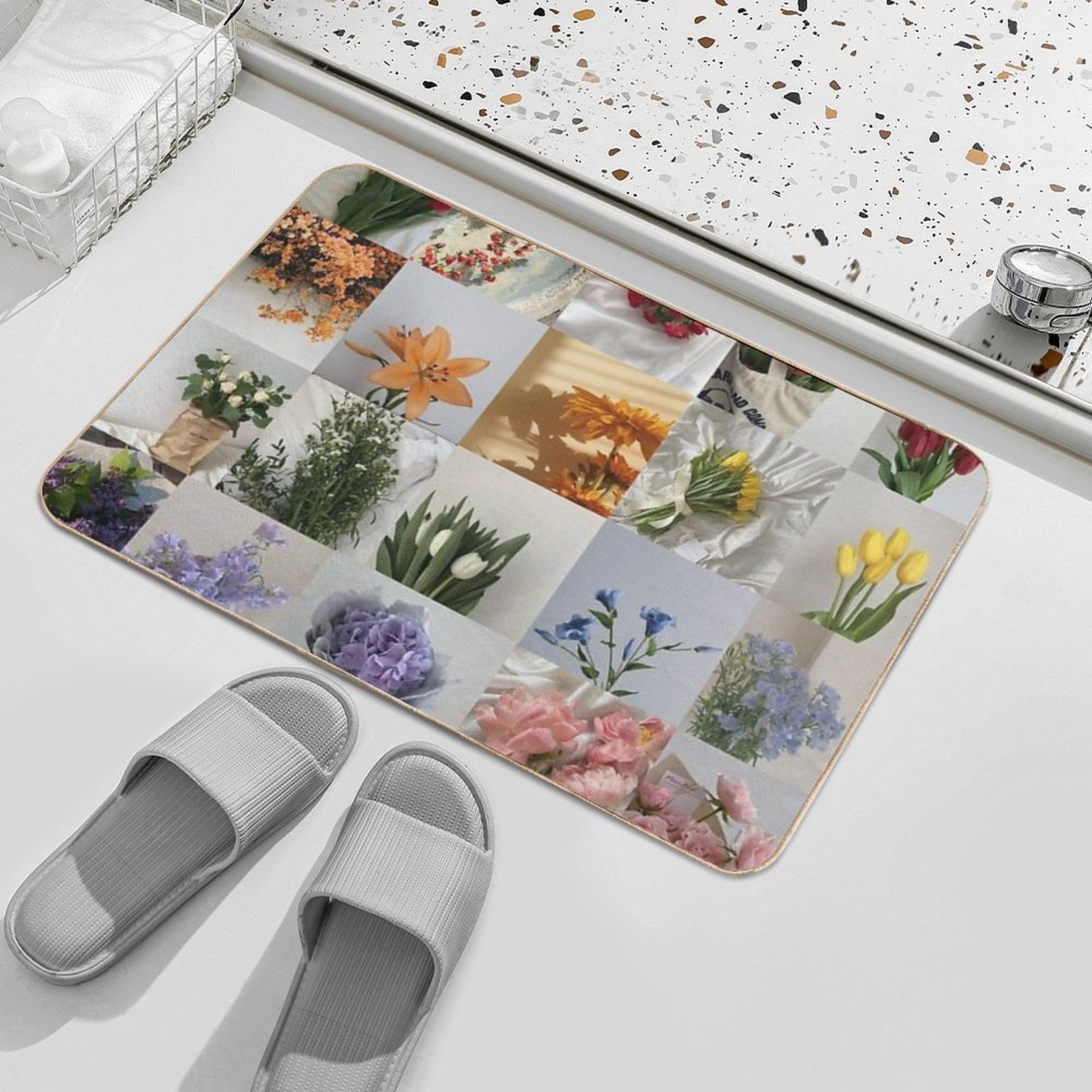 Minimal Rainbow Flower Collage  Easy To Clean Bath Mat