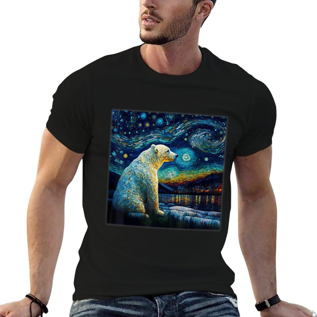 Surrealism Starry Night Polar Bear  High-quality Stitching T-Shirt