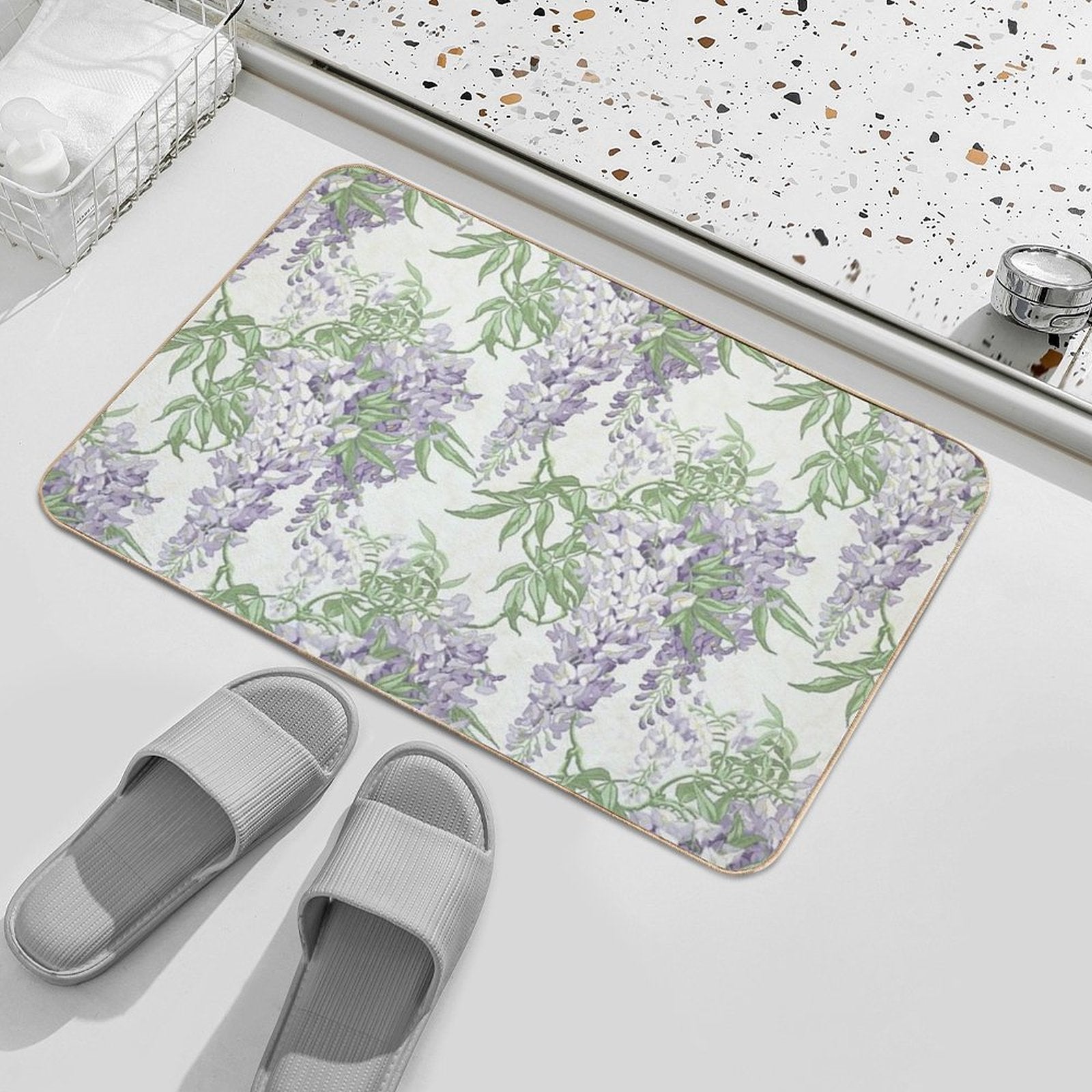 Vintage Wisteria Floral Wallpaper Print  Light Blue & Lavender Botanical Design  Repositionable Bath Mat