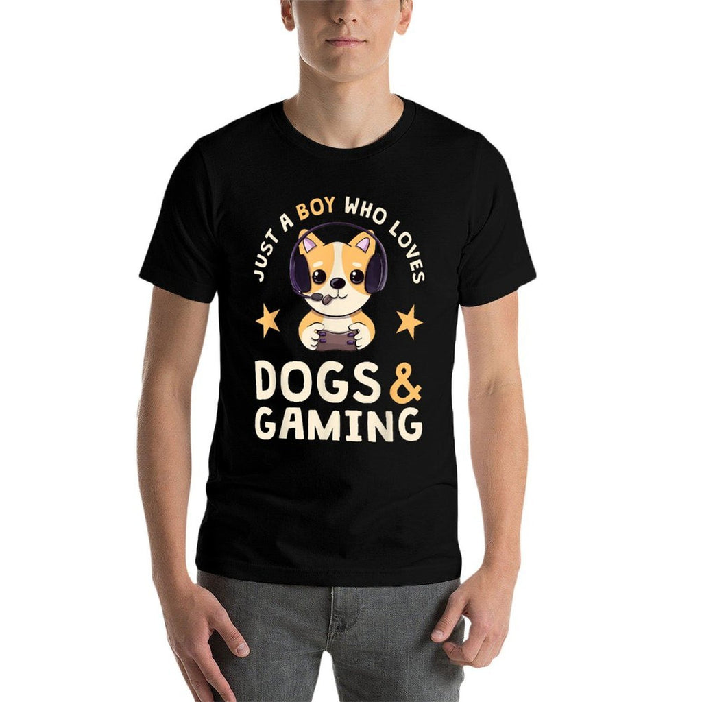 Just A Boy Who Loves Dogs And Gaming Cute Gamer Dog  Trendy Pattern T-Shirt