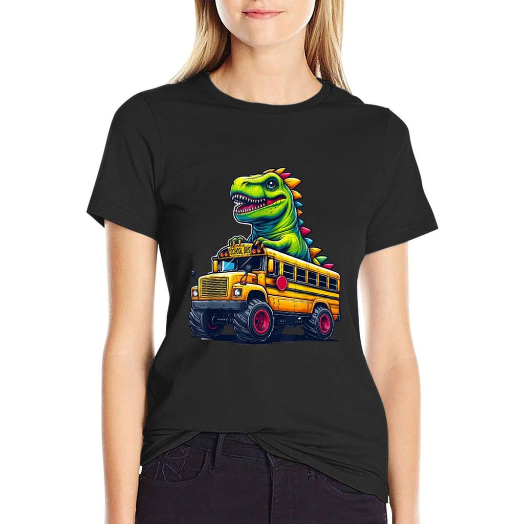 Dinosaur T-rex On Monster Truck School Bus Driver Graphic  Eco-friendly Material T-Shirt