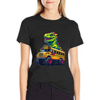 Dinosaur T-rex On Monster Truck School Bus Driver Graphic  Eco-friendly Material T-Shirt