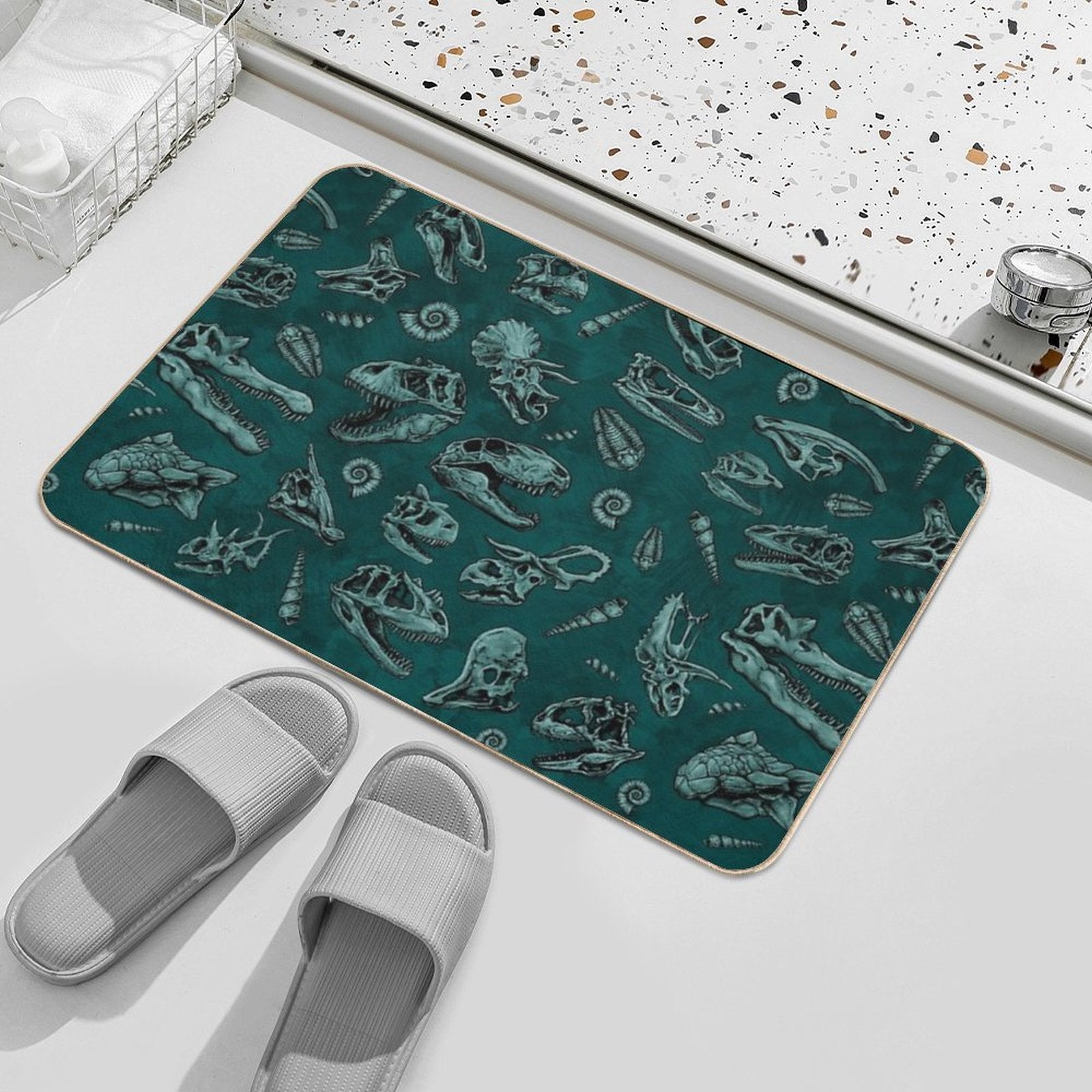 Dinosaur Skull Sketch Tiled Pattern Green  Multi-Purpose Bath Mat