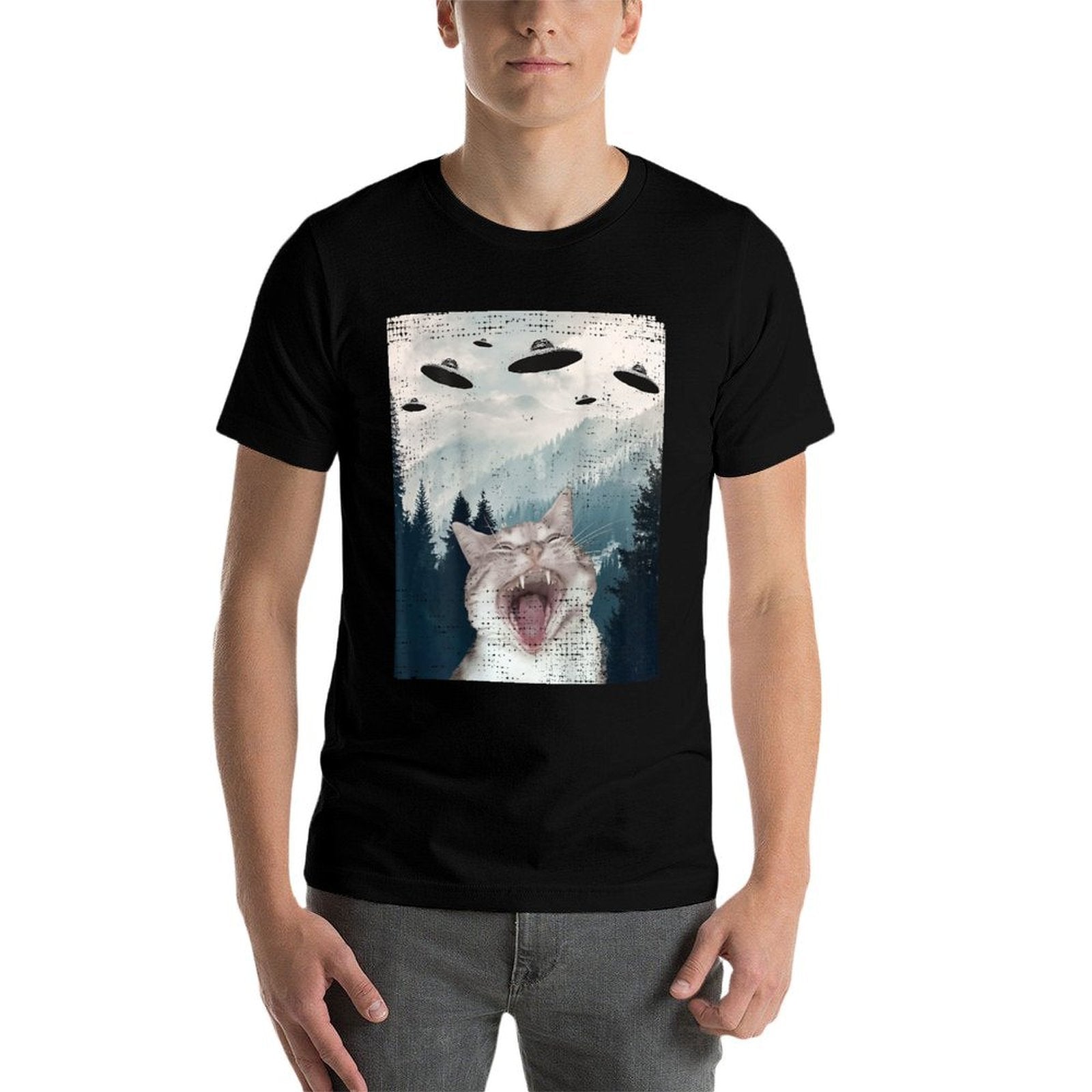 Cat UFO Meme - Funny Cat Selfie with UFOs for Men Women Comfortable T-Shirt