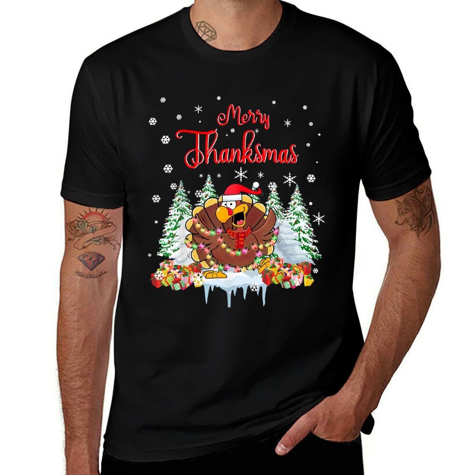 Funny Turkey Santa Merry Thanksmas Christmas Thanksgiving  Breathable T-Shirt