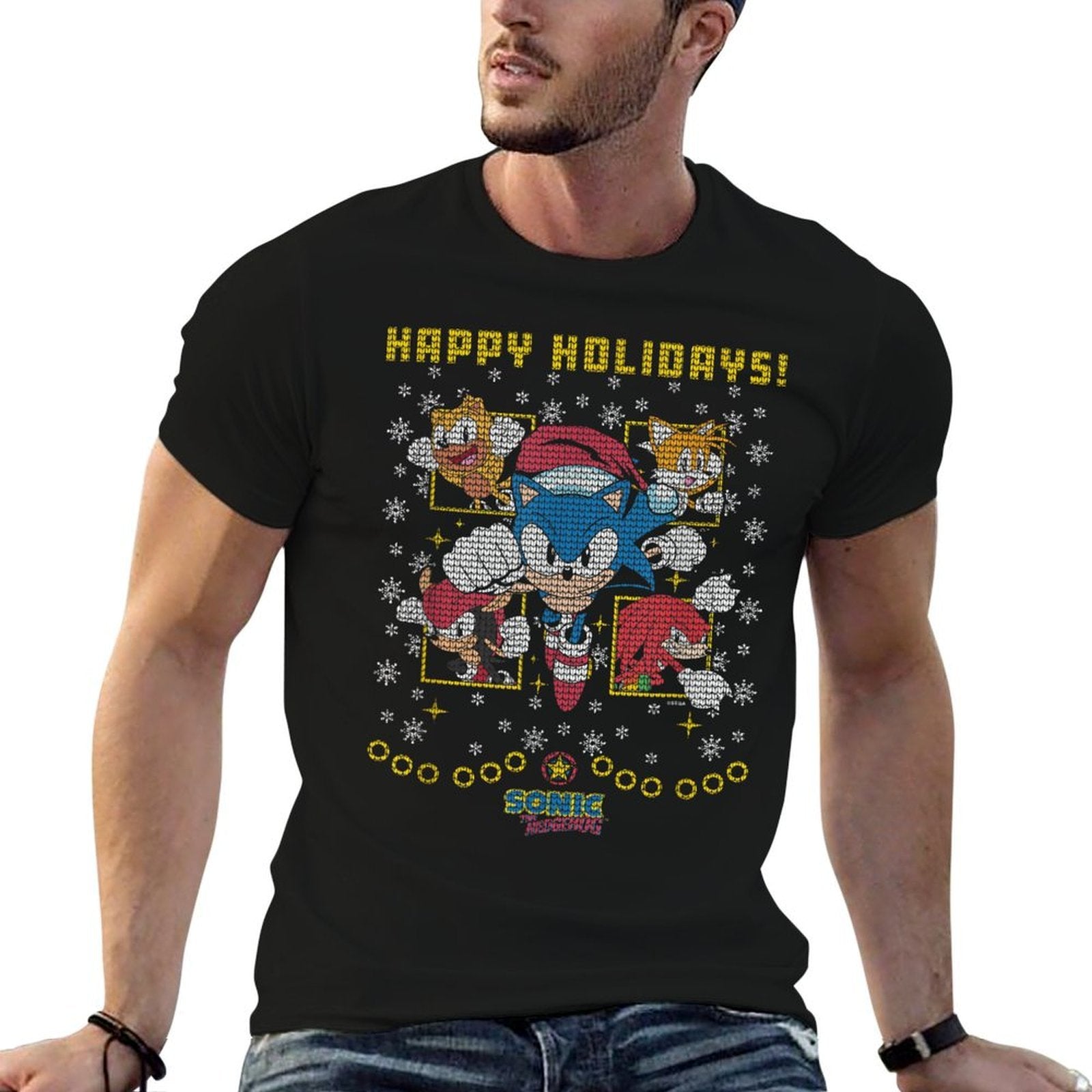 Sonic The Hedgehog Christmas Panels Vintage Ugly Sweater  Rolled Sleeves T-Shirt