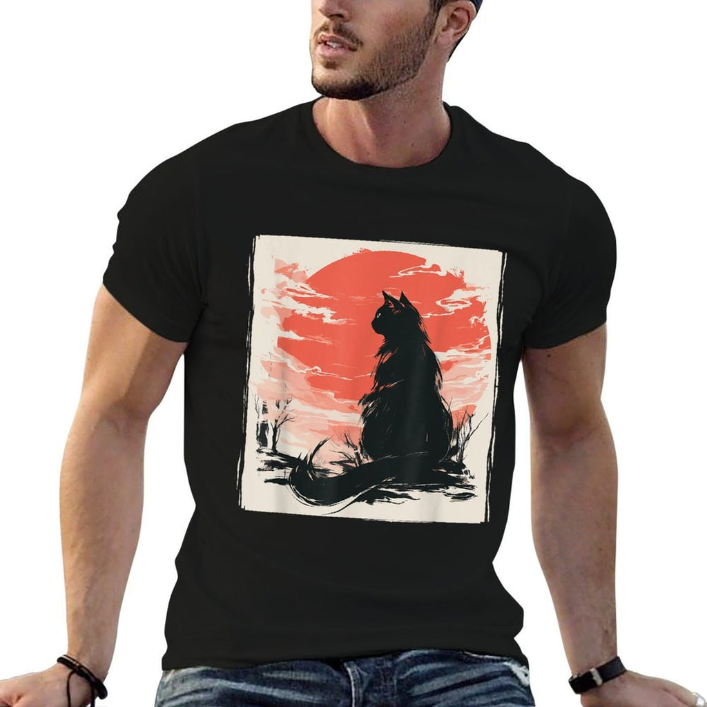 Kawaii Cat Anime Japanese Retro Men Women Kids Funny Cat  Ribbed Collar T-Shirt